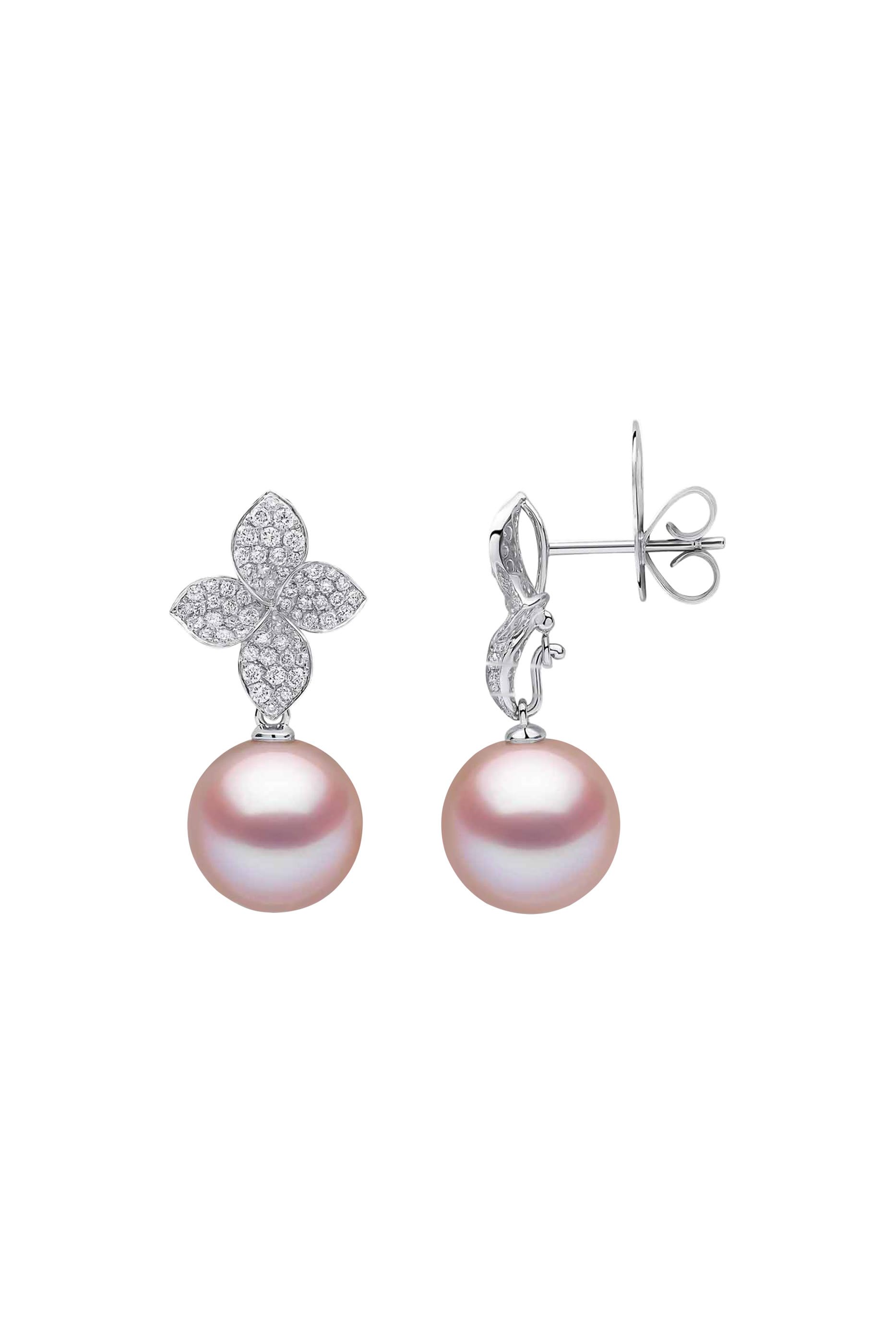 أقراط كونتيسا فلاور متدلية مرصع بماس ولؤلؤ مياه عذبة وردي، ذهب أبيض عيار 18