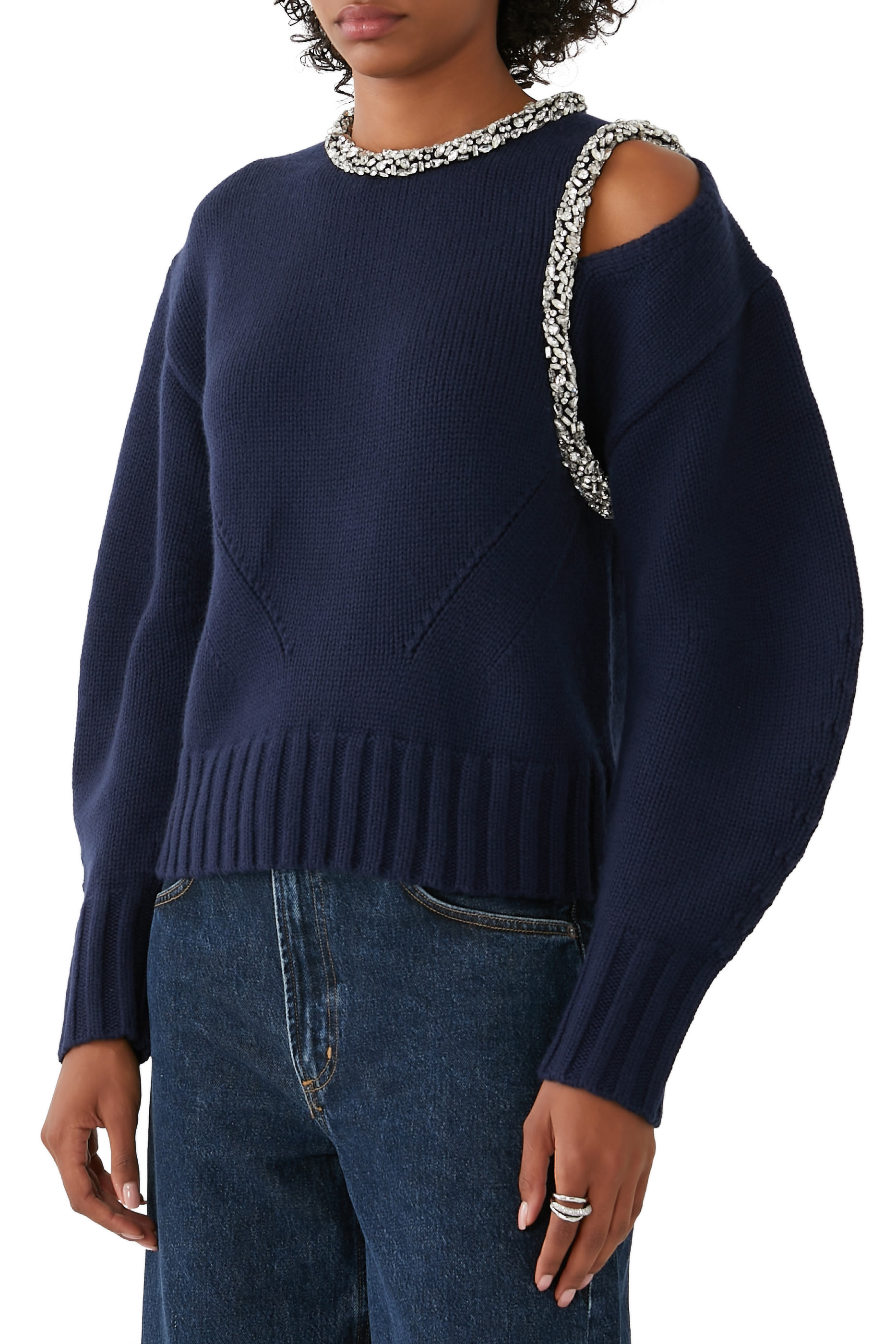 كنزة مونرو بفتحات مرصع بكريستال مزيج صوف