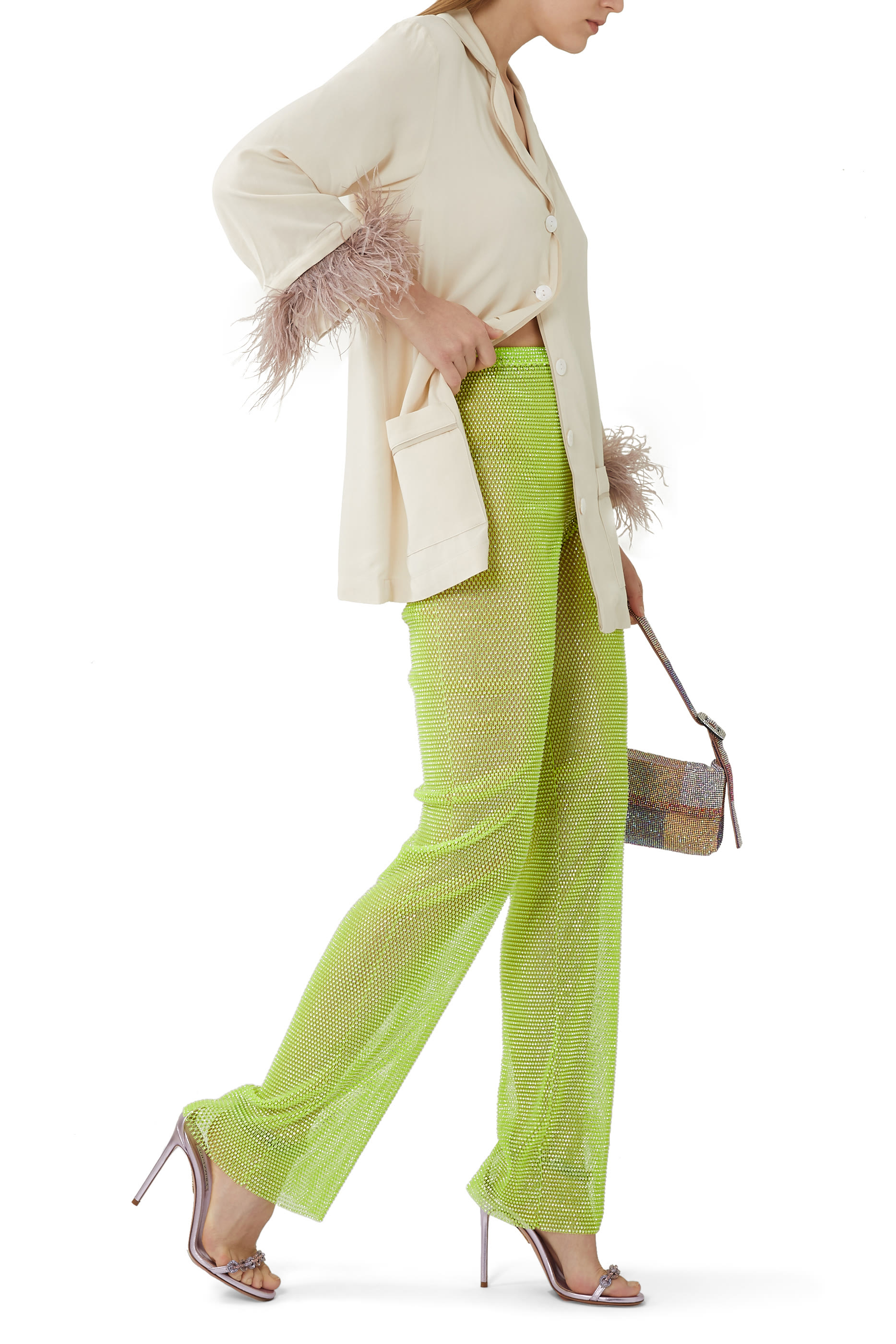 بنطال مرصع بأحجار الراين قماش شبكي