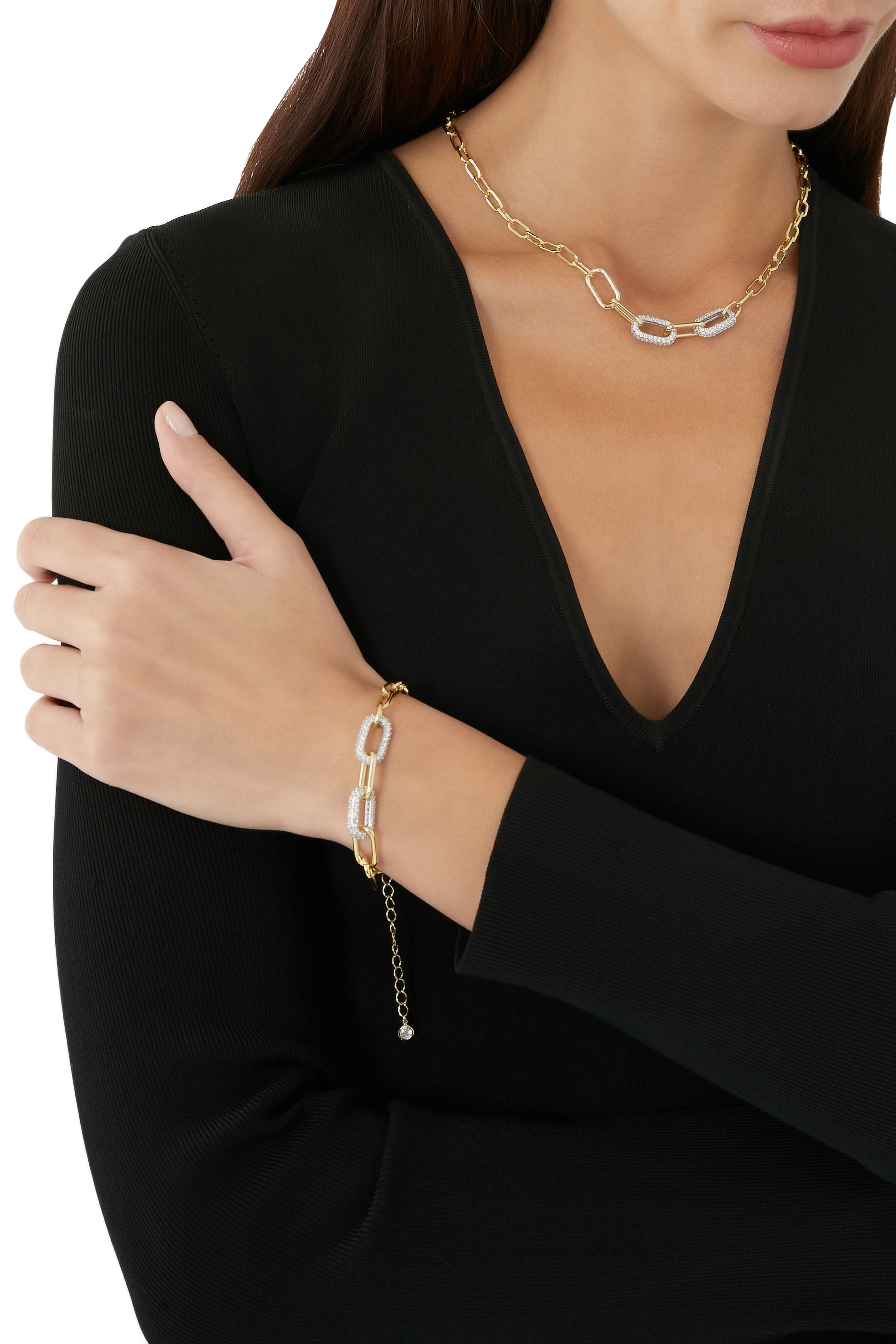 قلادة سلسلة بحلقتين مرصعتين بأحجار زركونيا مكعبة نحاس مطلي بالذهب