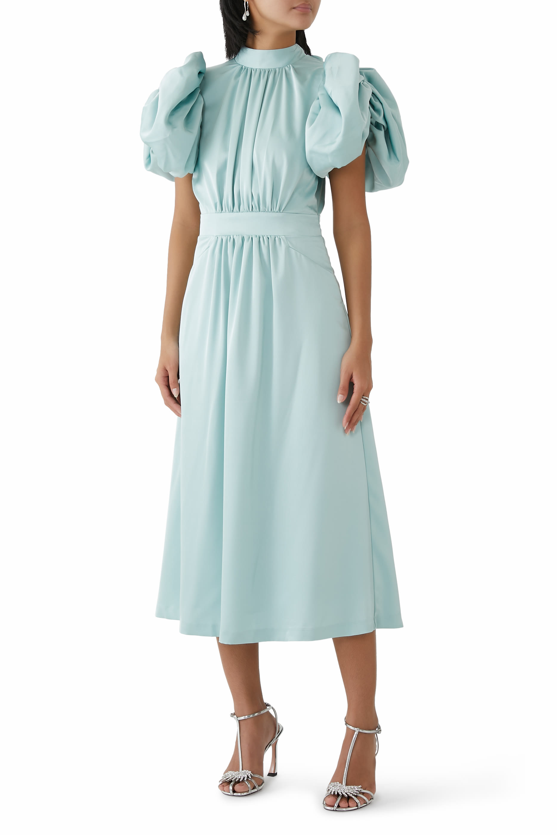 فستان بتصميم منفوخ متوسط الطول ساتان