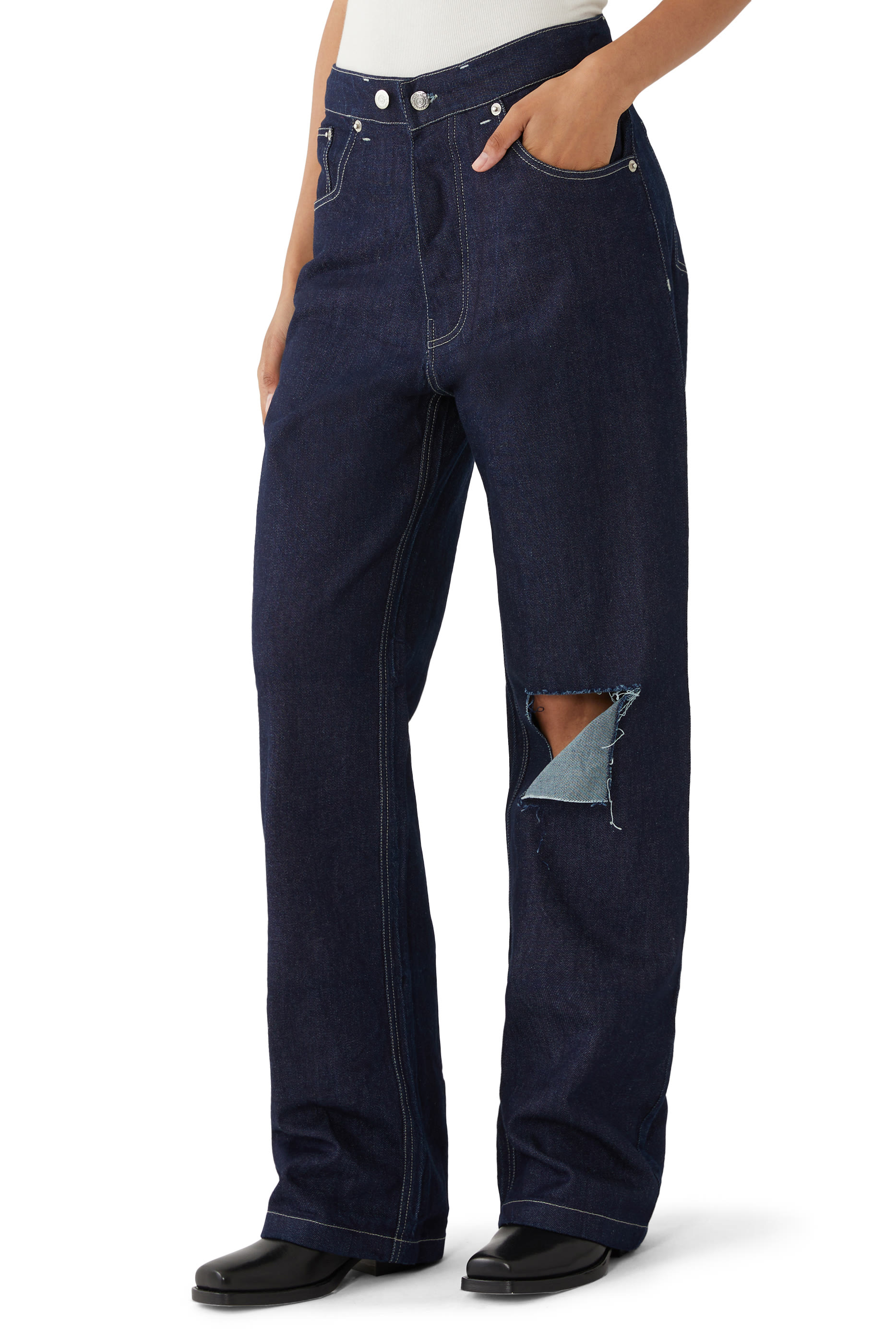 بنطال دنيم بقصة ساق مستقيمة بتصميم ممزق