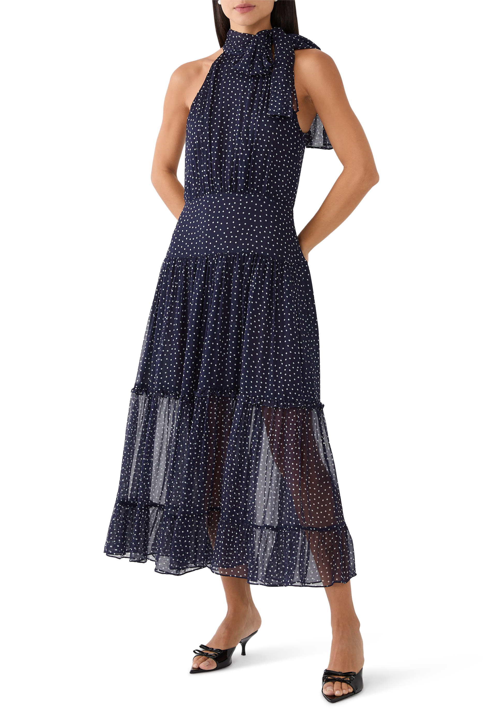 فستان آبي متوسط الطول بنقشة نقاط