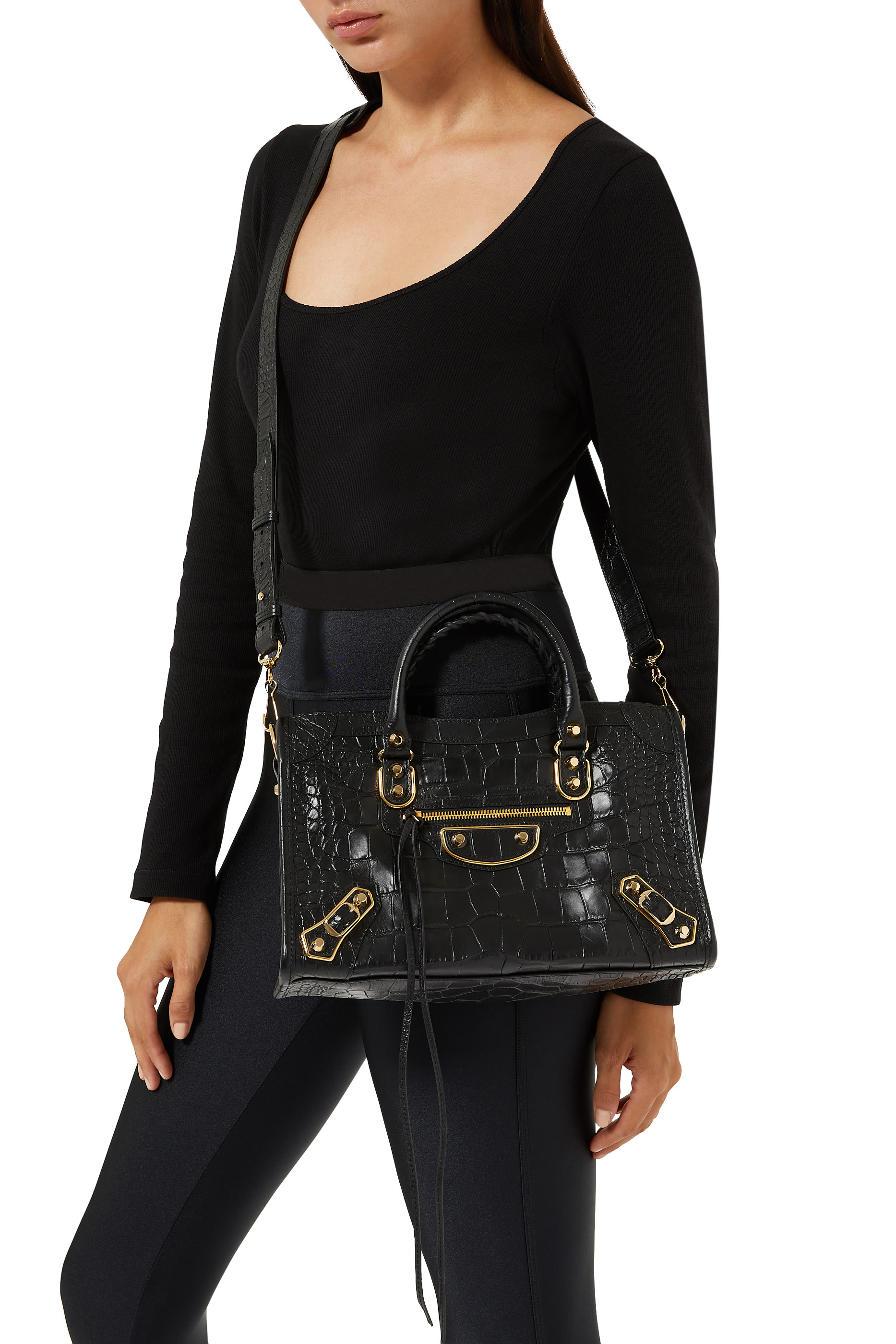 حقيبة سيتي بتصميم كلاسيك لامع ونقشة جلد التمساح