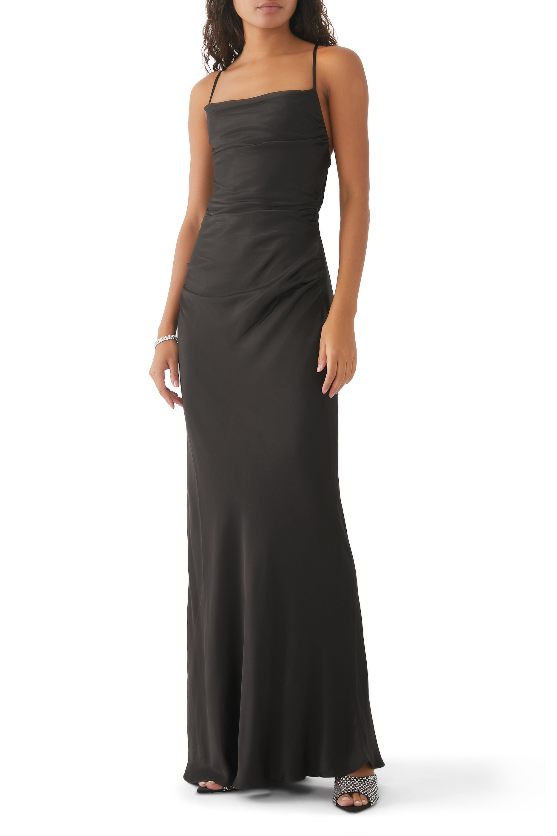 فستان لا لون طويل بأربطة في الخلف