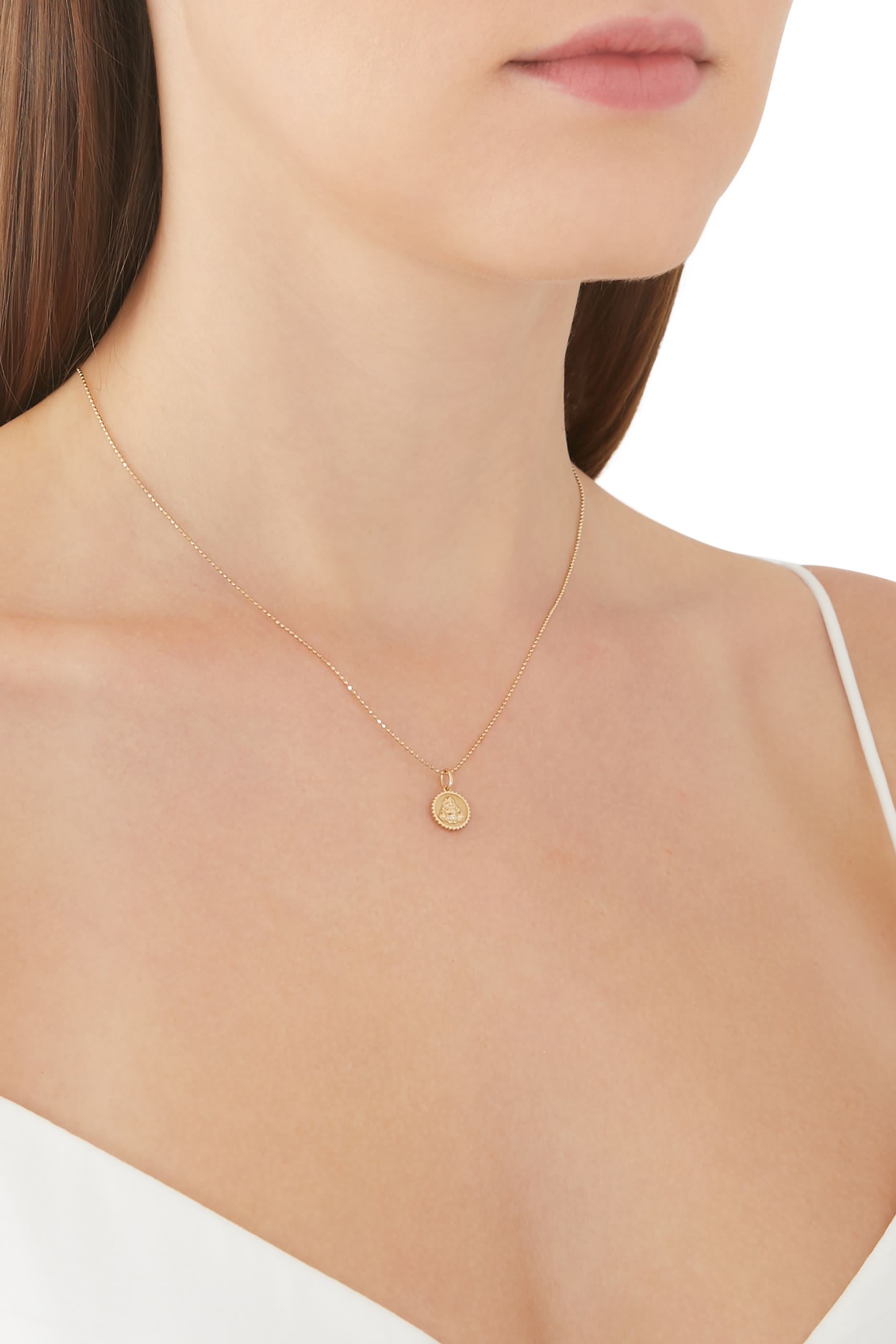 قلادة بدلاية بتصميم عملة رفيعة لبوذا جالس مرصعة بالكريستال ذهب أصفر عيار 14