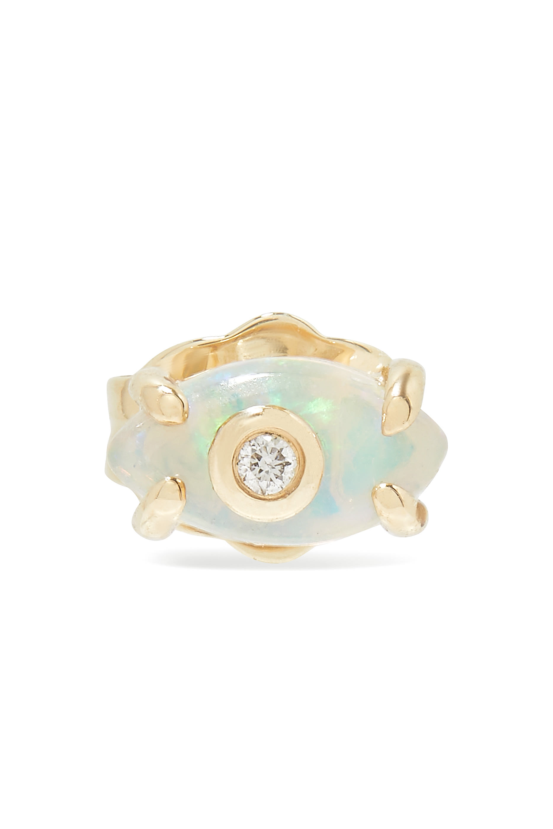 قرط واحد بتصميم عين حسود صغير منحوت مرصع بحجر أوبال وماس ذهب أصفر عيار 14