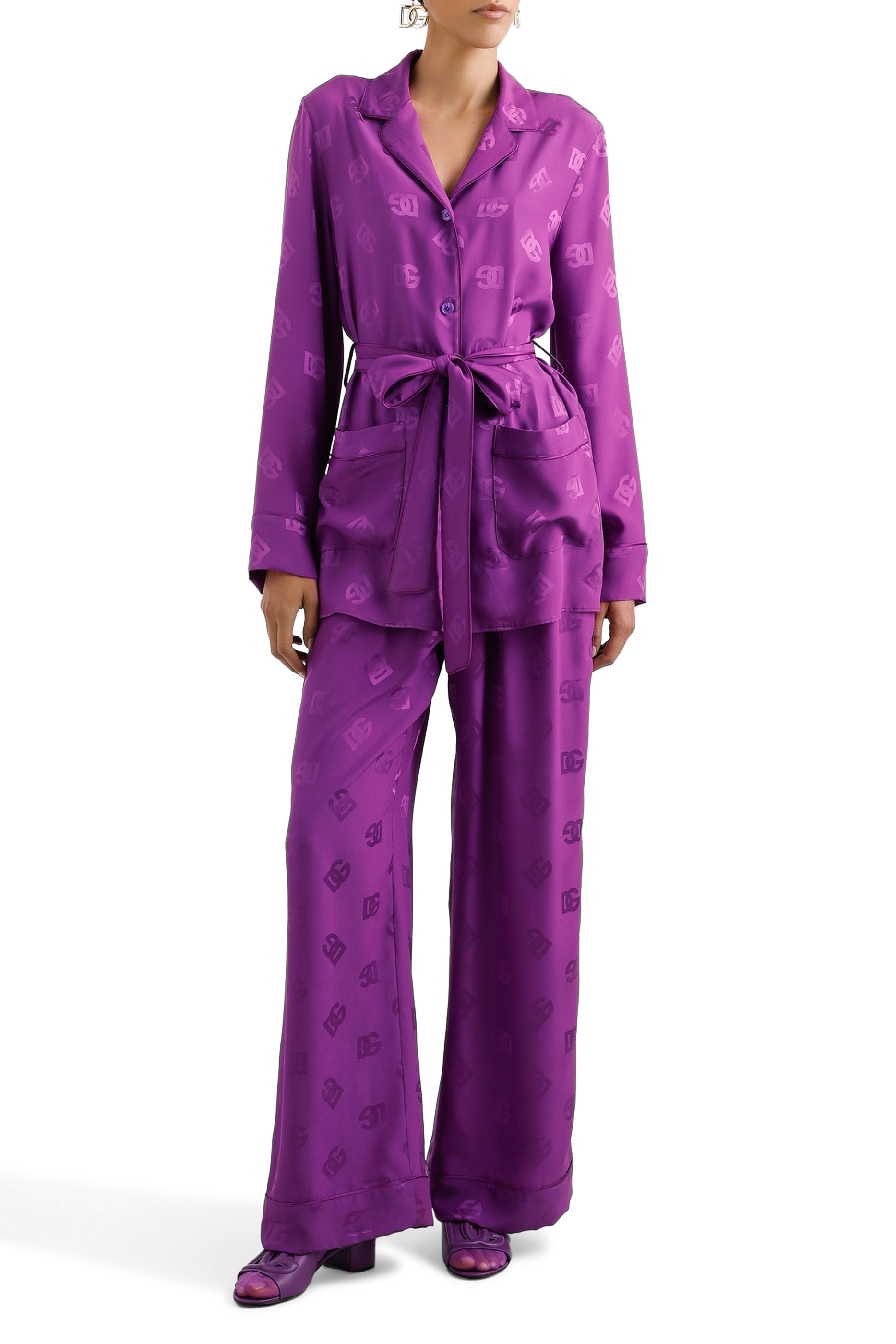 قميص بيجامة بأكمام طويلة وشعار الماركة حرير وجاكار