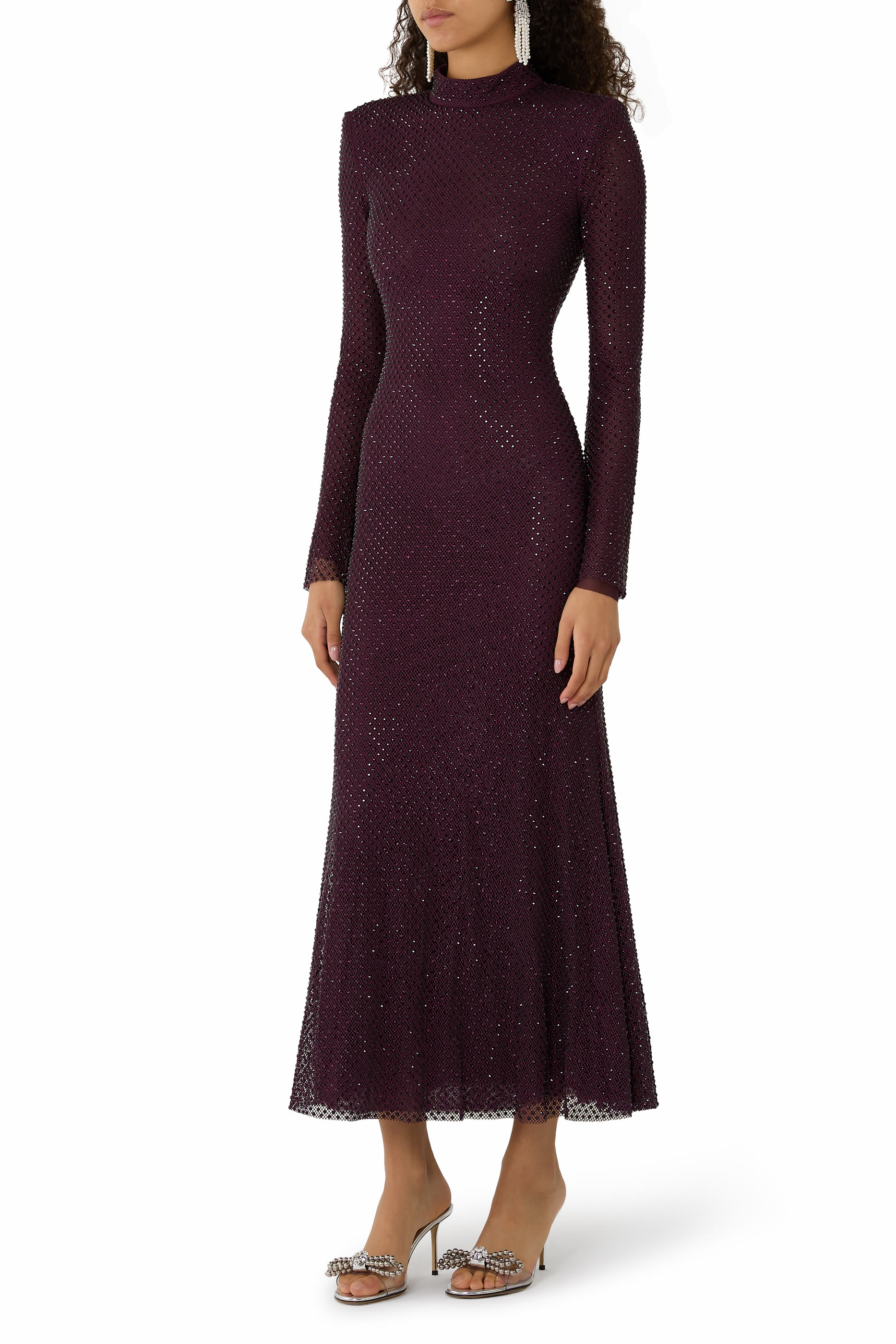 فستان متوسط الطول قماش شبكي بأحجار الراين