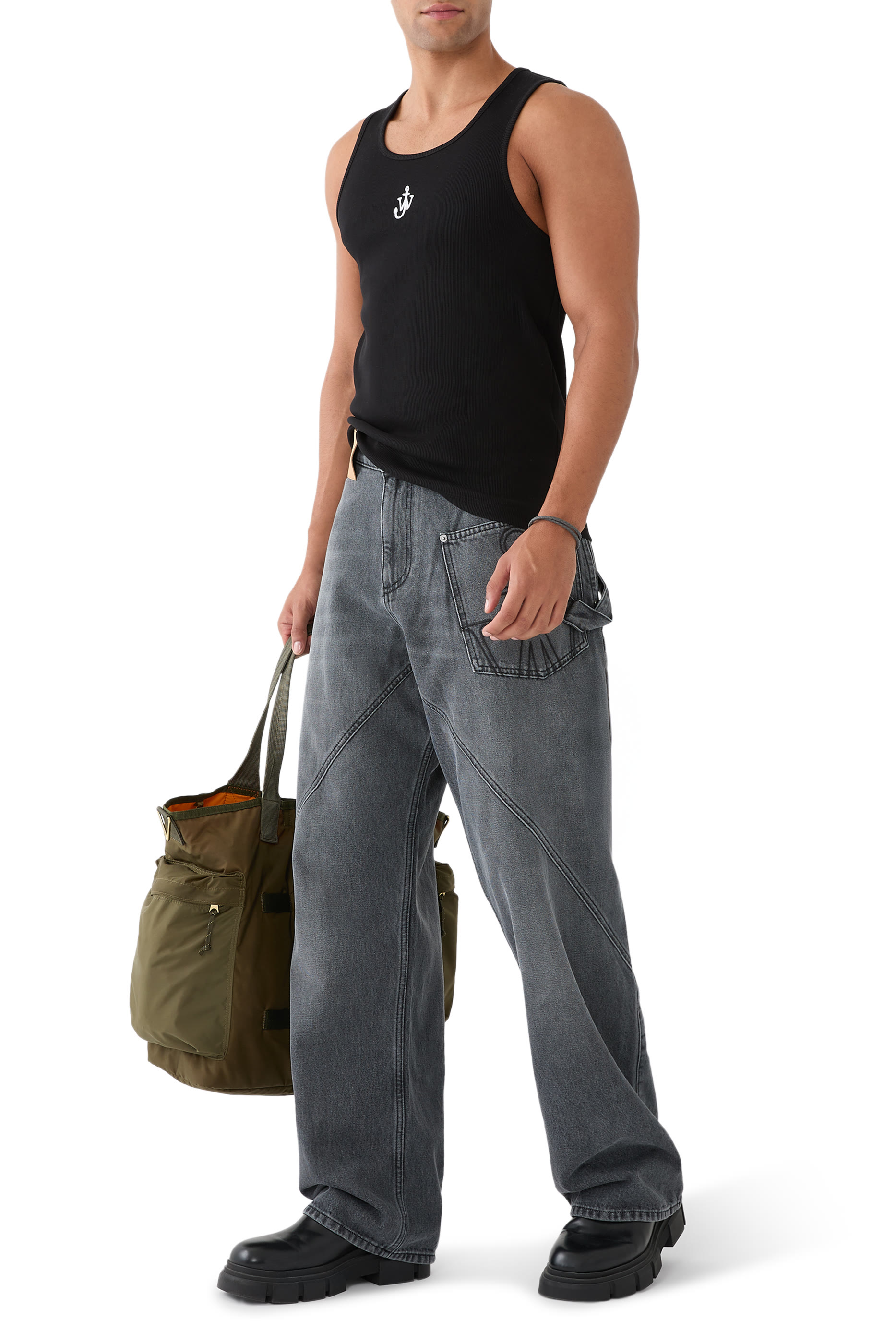 بنطال جينز مستوحى من ملابس العمال بحياكة ملفوفة دنيم