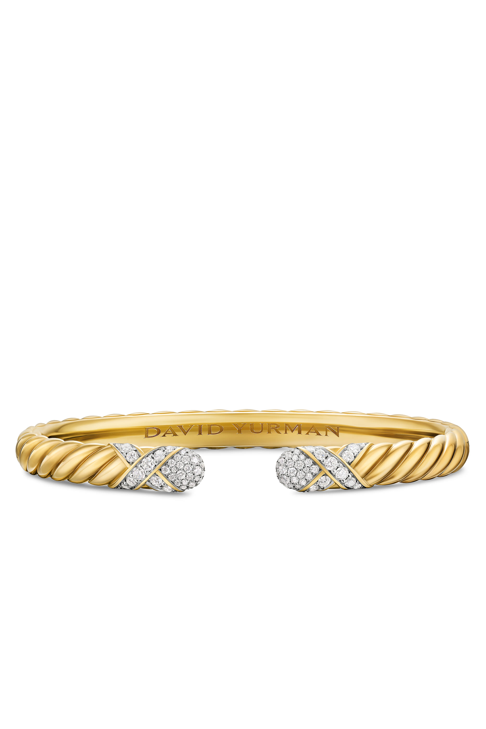 سوار كابل مفتوح اكس بتصميم منحوت مرصع بماس، ذهب أصفر عيار 18