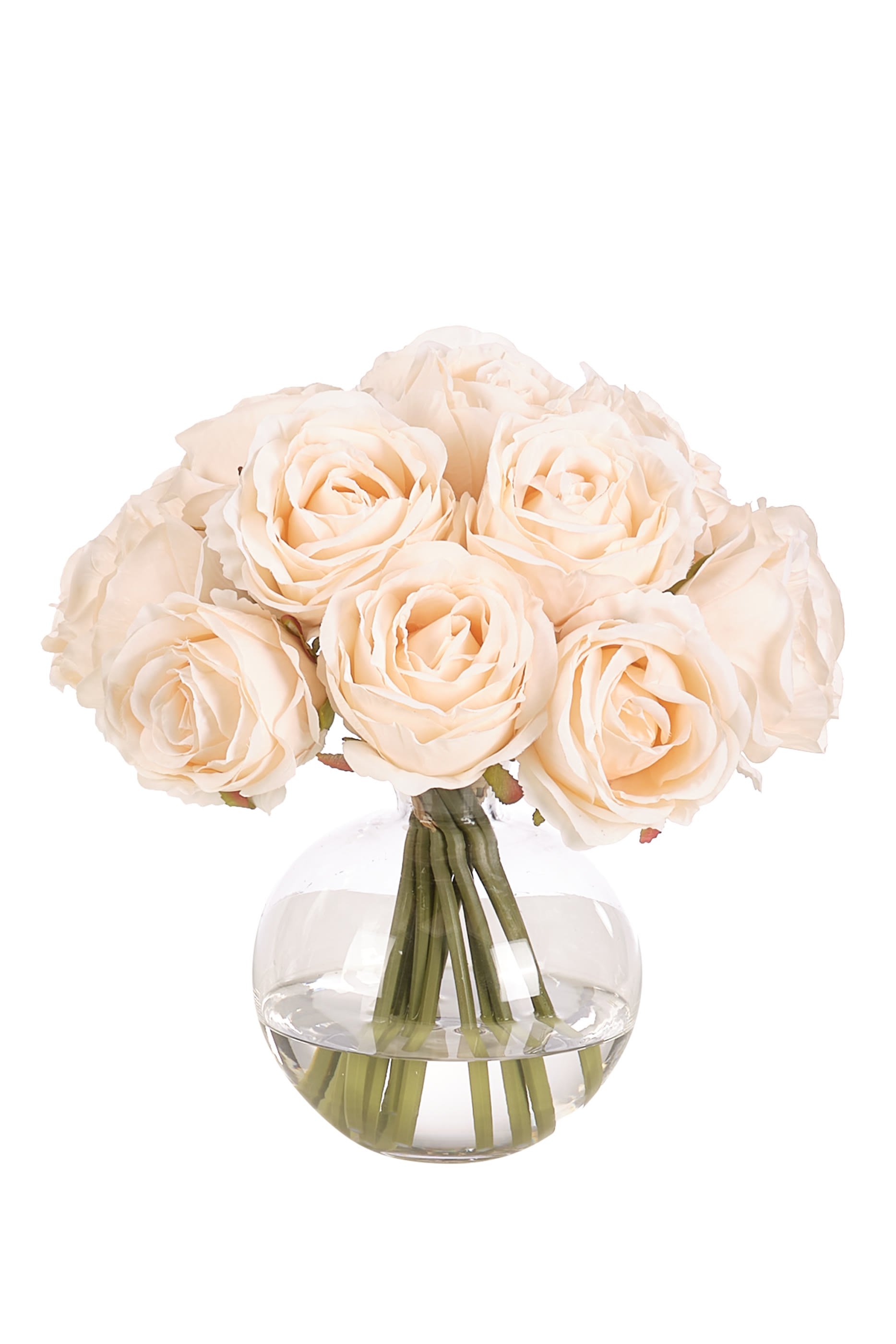 باقة زهور في مزهرية زجاجية دائرية