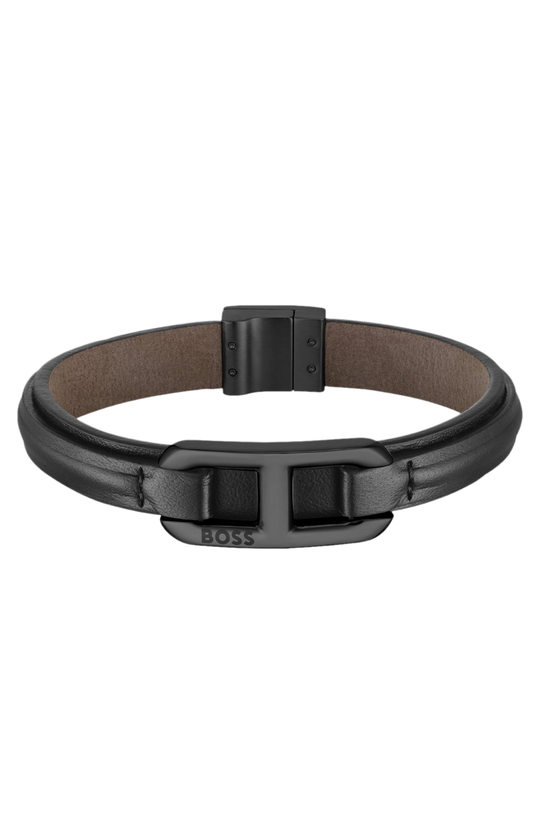 سوار بوصلات معدنية سوداء بشعار الماركة جلد بطبقات