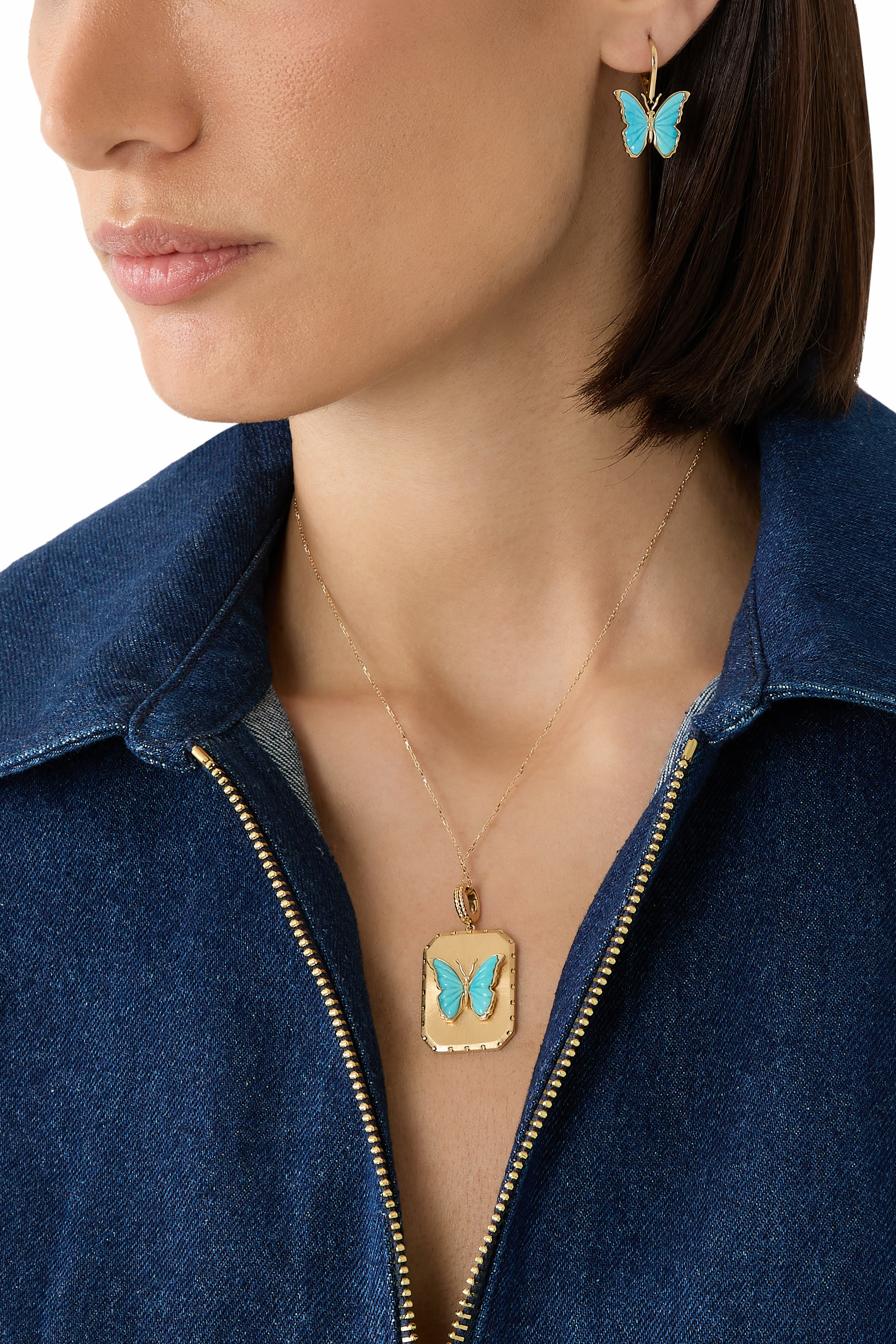 أقراط بتصميم فراشة مزينة بالفيروز، ذهب أصفر عيار 18