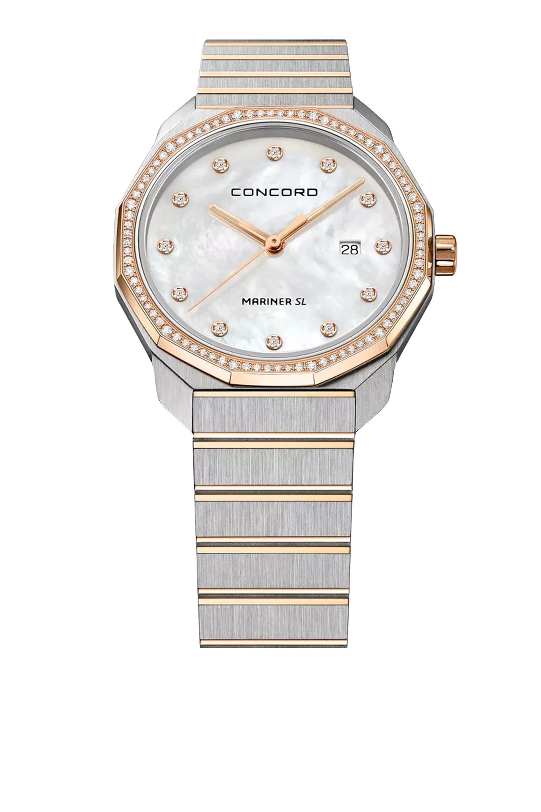 ساعة مارينر اس ال كوارتز مزينة بالماس والكريستال الياقوتي، ذهب وردي عيار 18 وستانلس ستيل