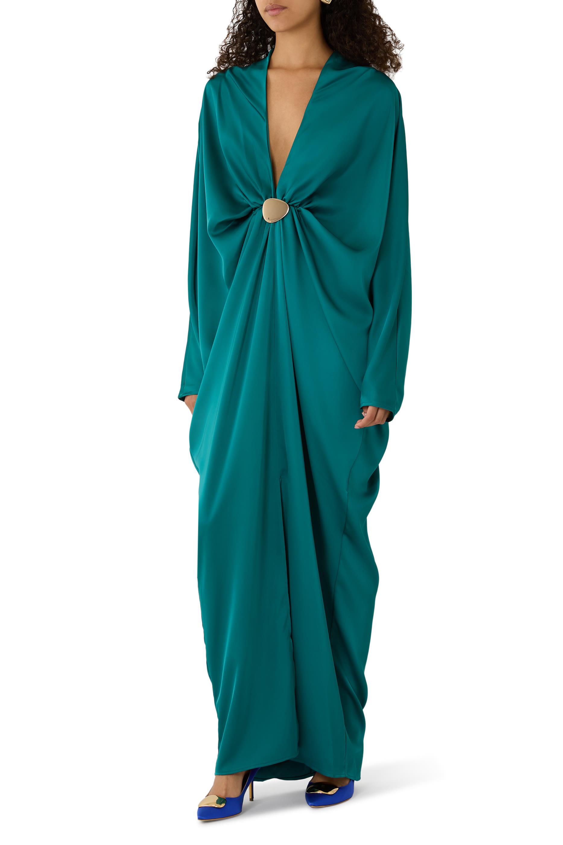 Tina Satin Plunge-Neck Embellished Maxi Dress