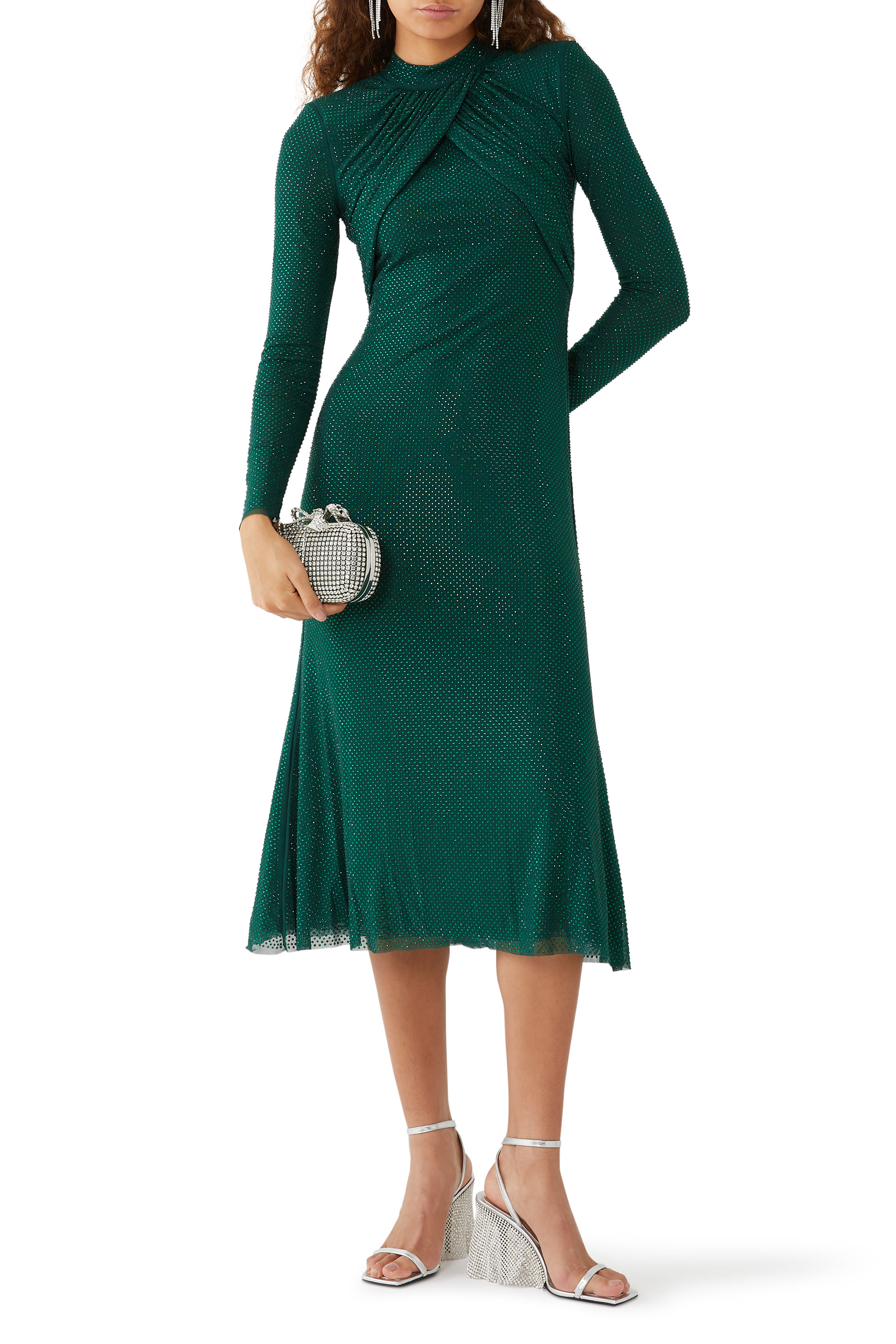 فستان متوسط الطول مزين بأحجار الراين قماش شبكي