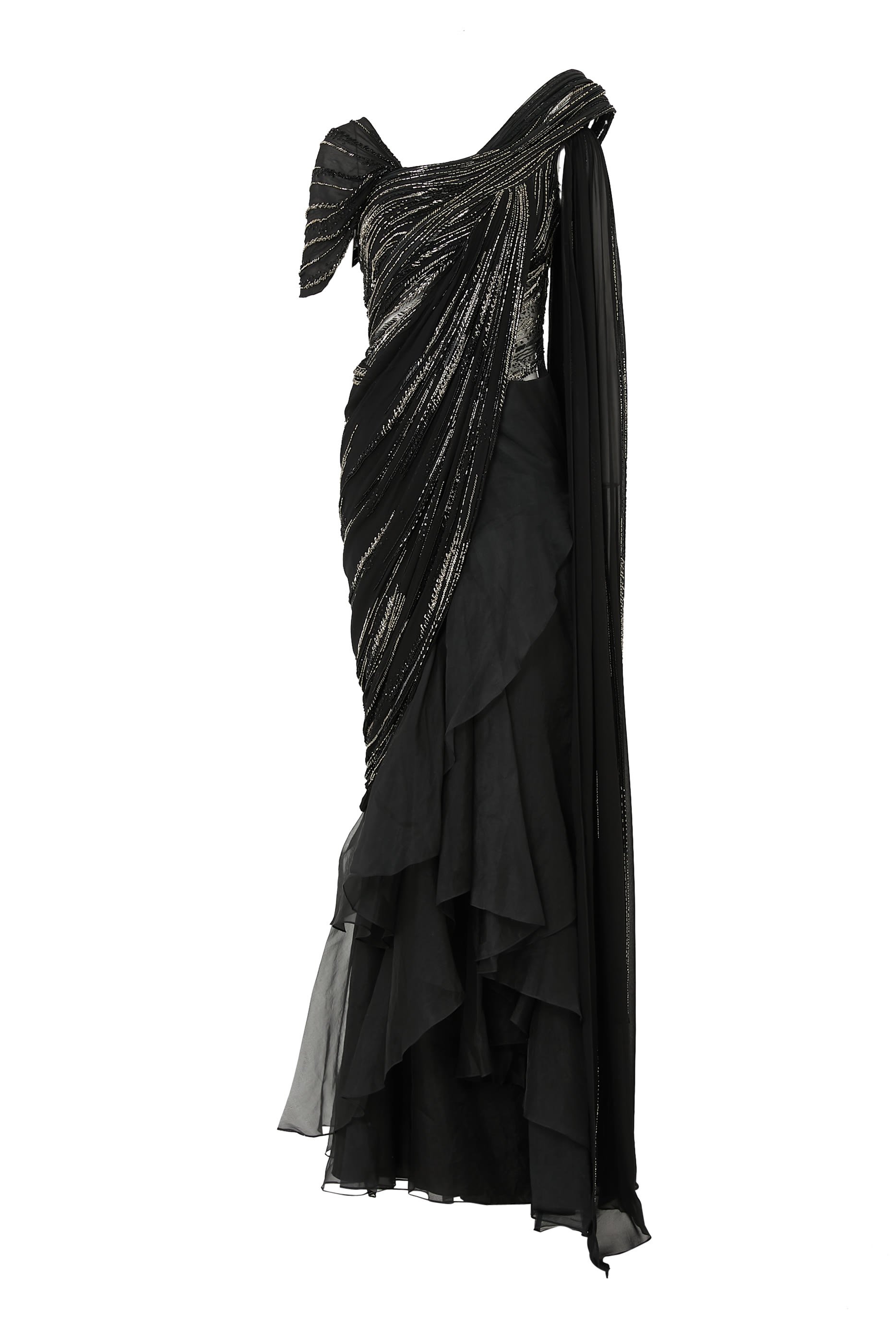 فستان سهرة بكتف واحد وتفاصيل بتصميم ساري