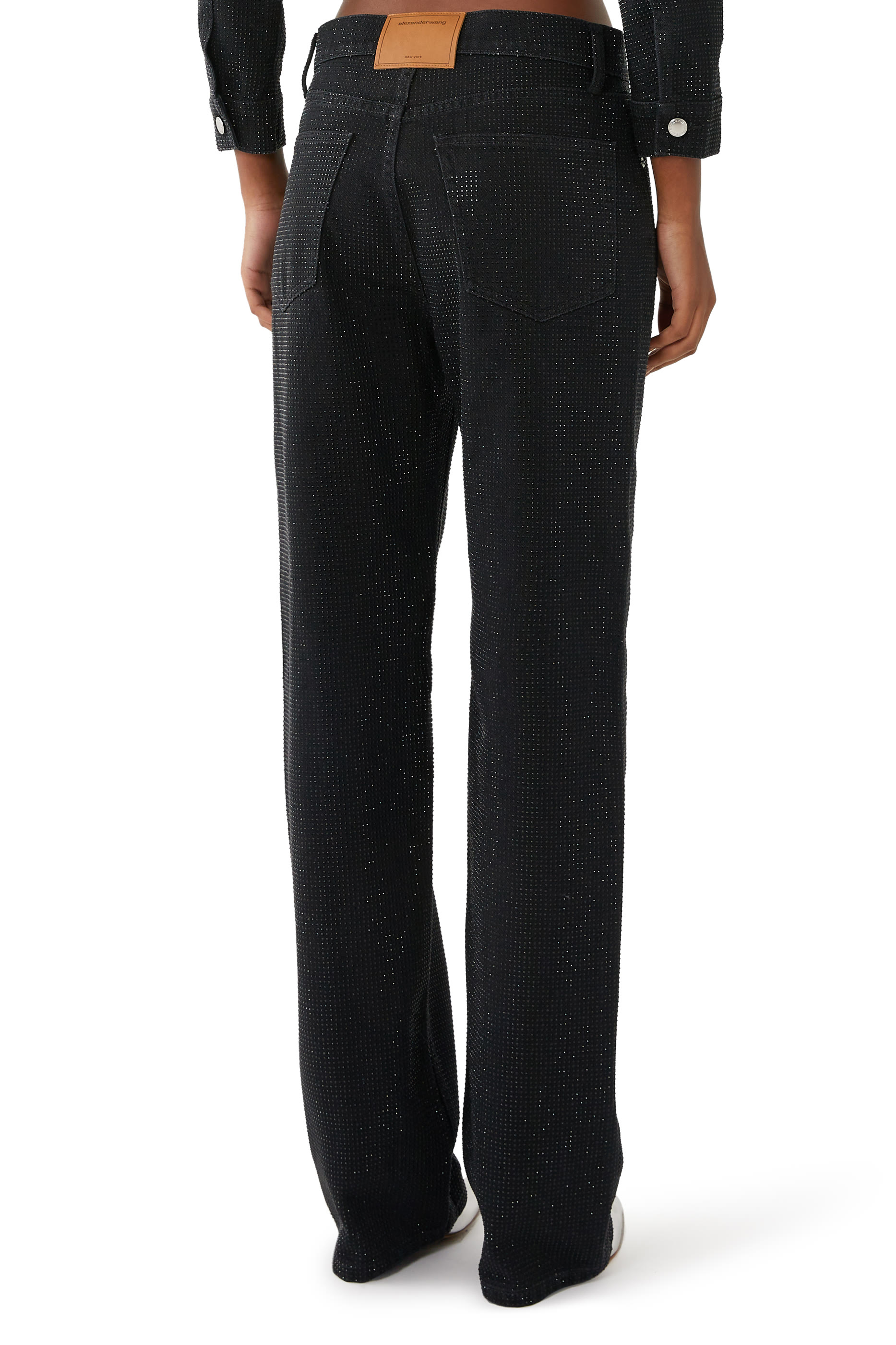 بنطال جينز اي زاد بقصة ساق مستقيمة قطن مرصع بأحجار الراين المثبتة حراريا