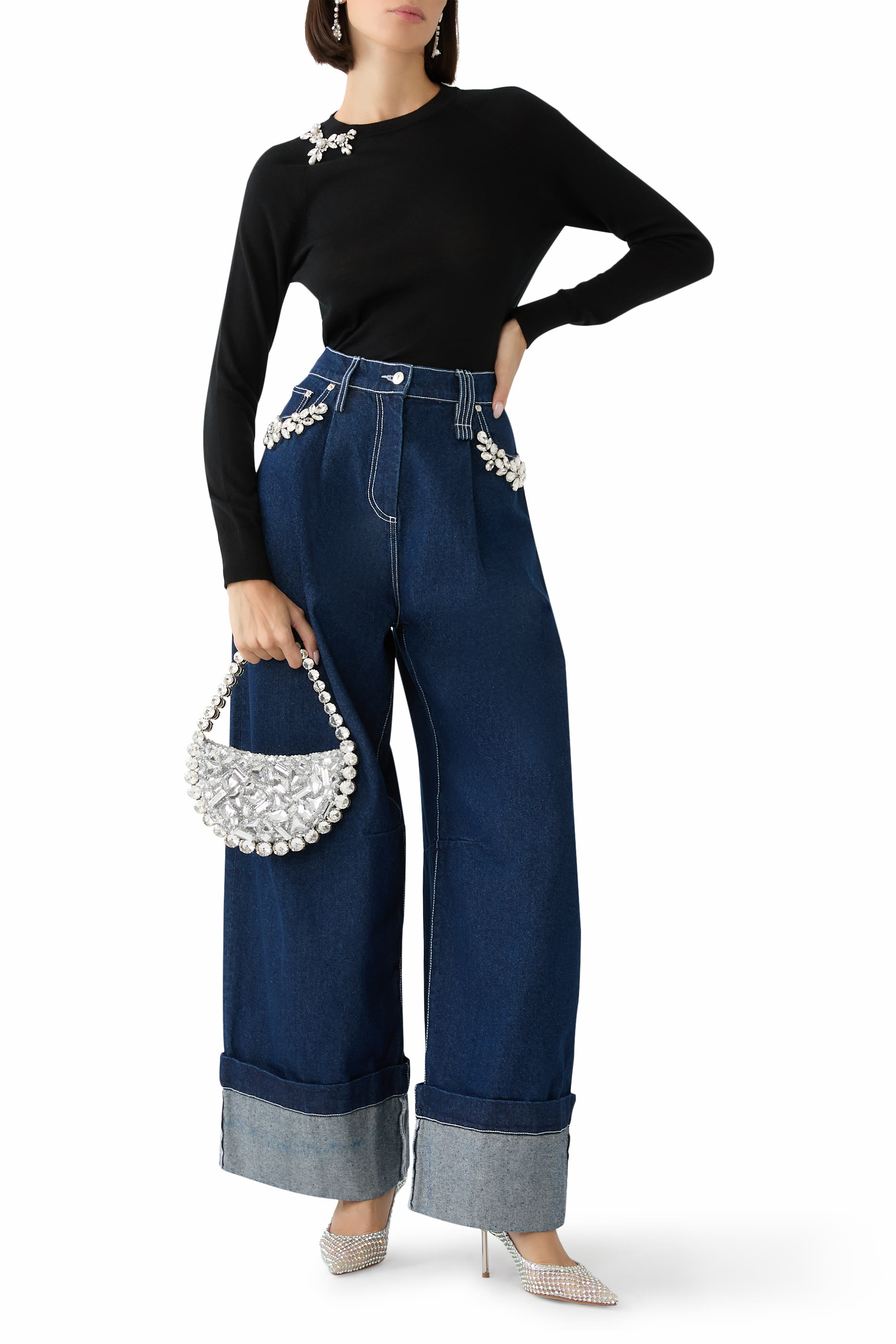 سترة كلاسيكية مرصعة بأحجار بأكمام طويلة 