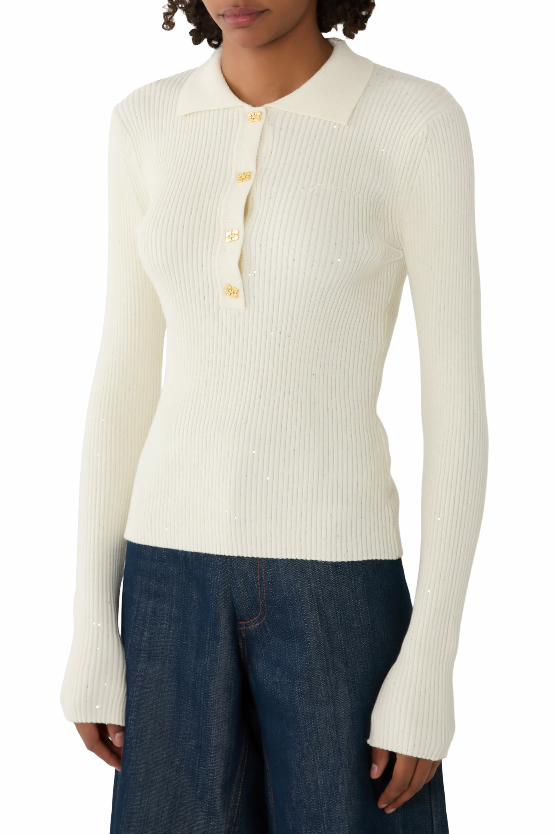 قميص بولو منسوج ومزين بترتر رفيع