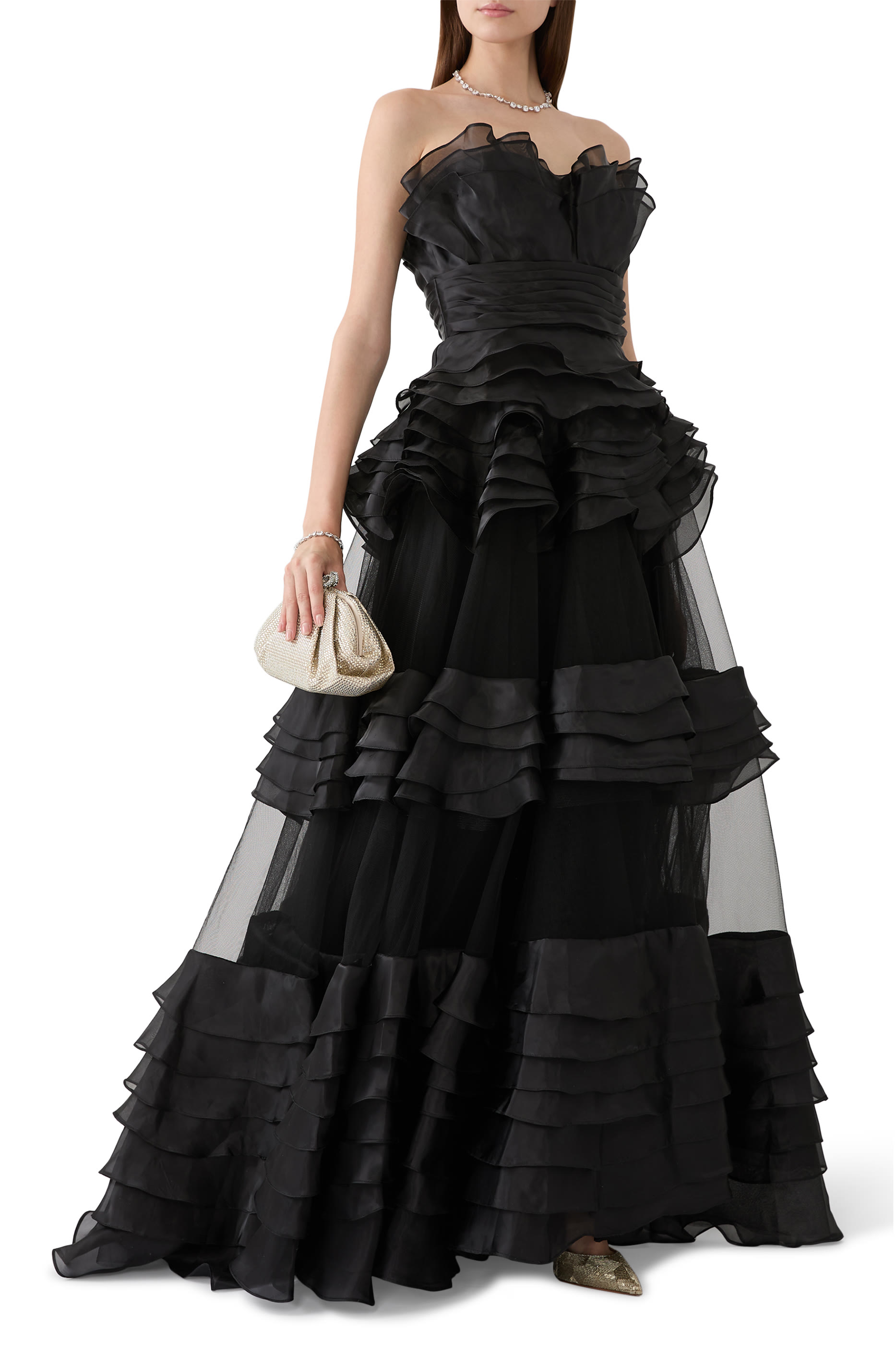 فستان سهرة بلا حمالات بطبقات