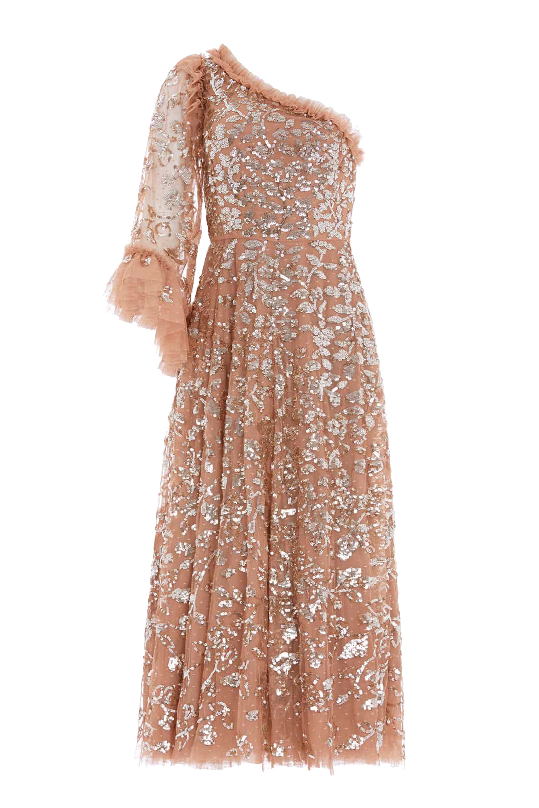 فستان سهرة بكتف مكشوف بطول الكاحل مزين بنقشة أوراق متساقطة