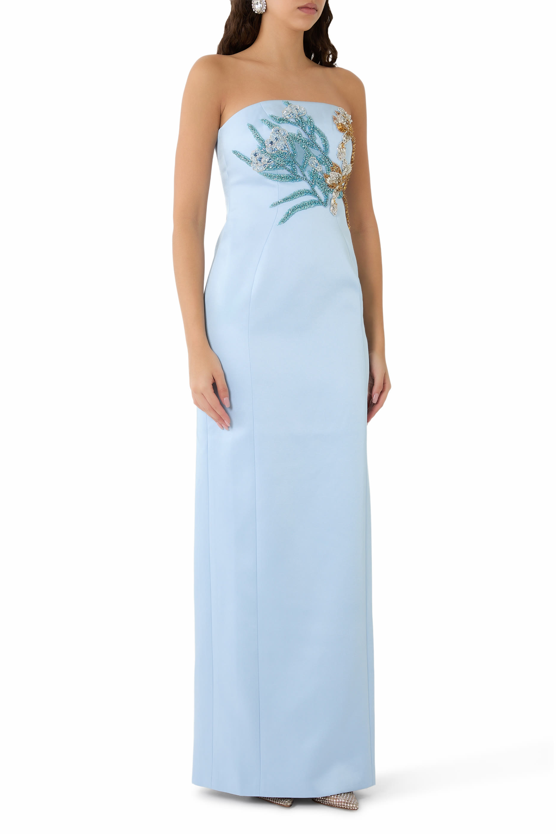 Embroidered Cape Strapless Gown