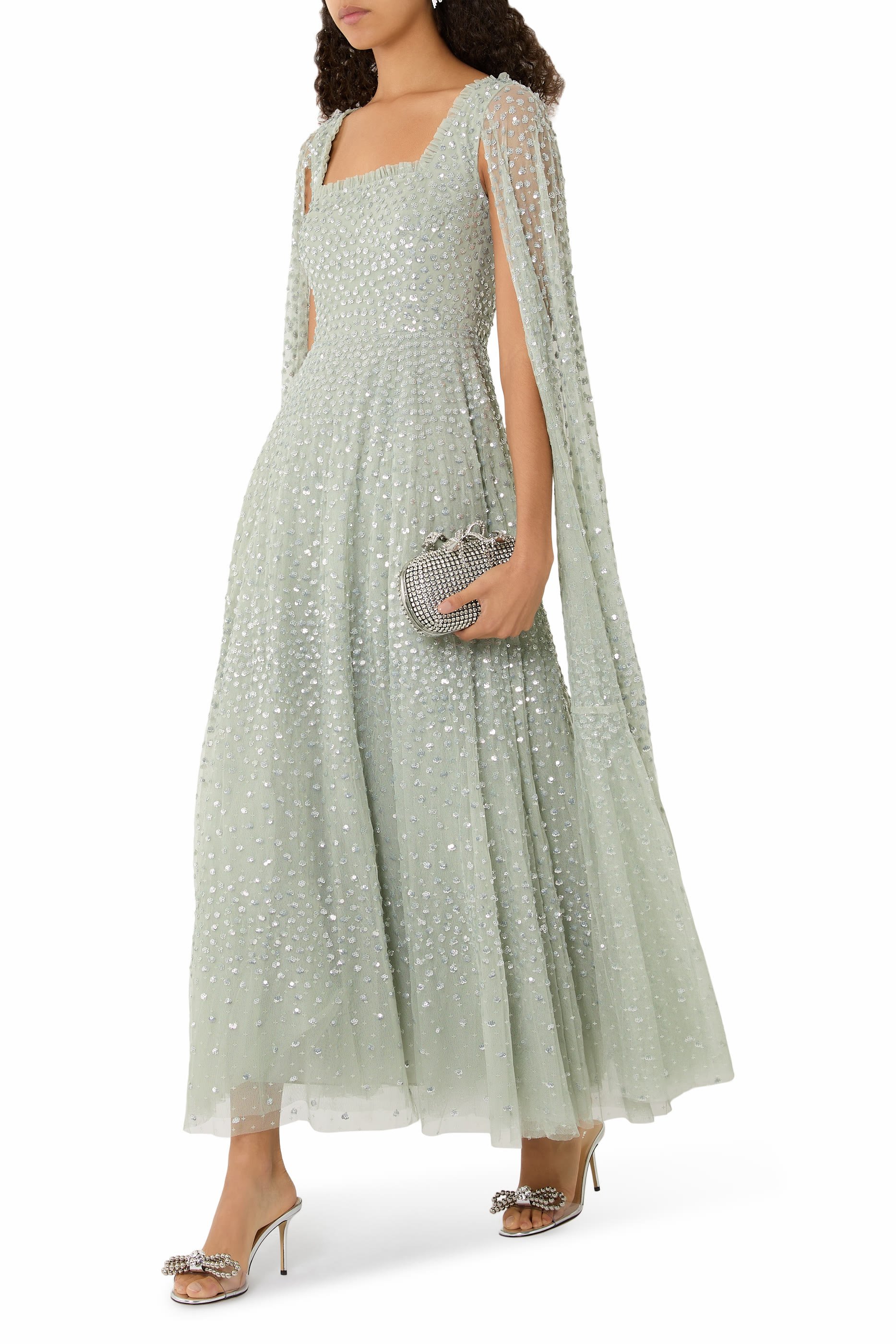 Scatter Dot Cape Sleeves Ankle Gown