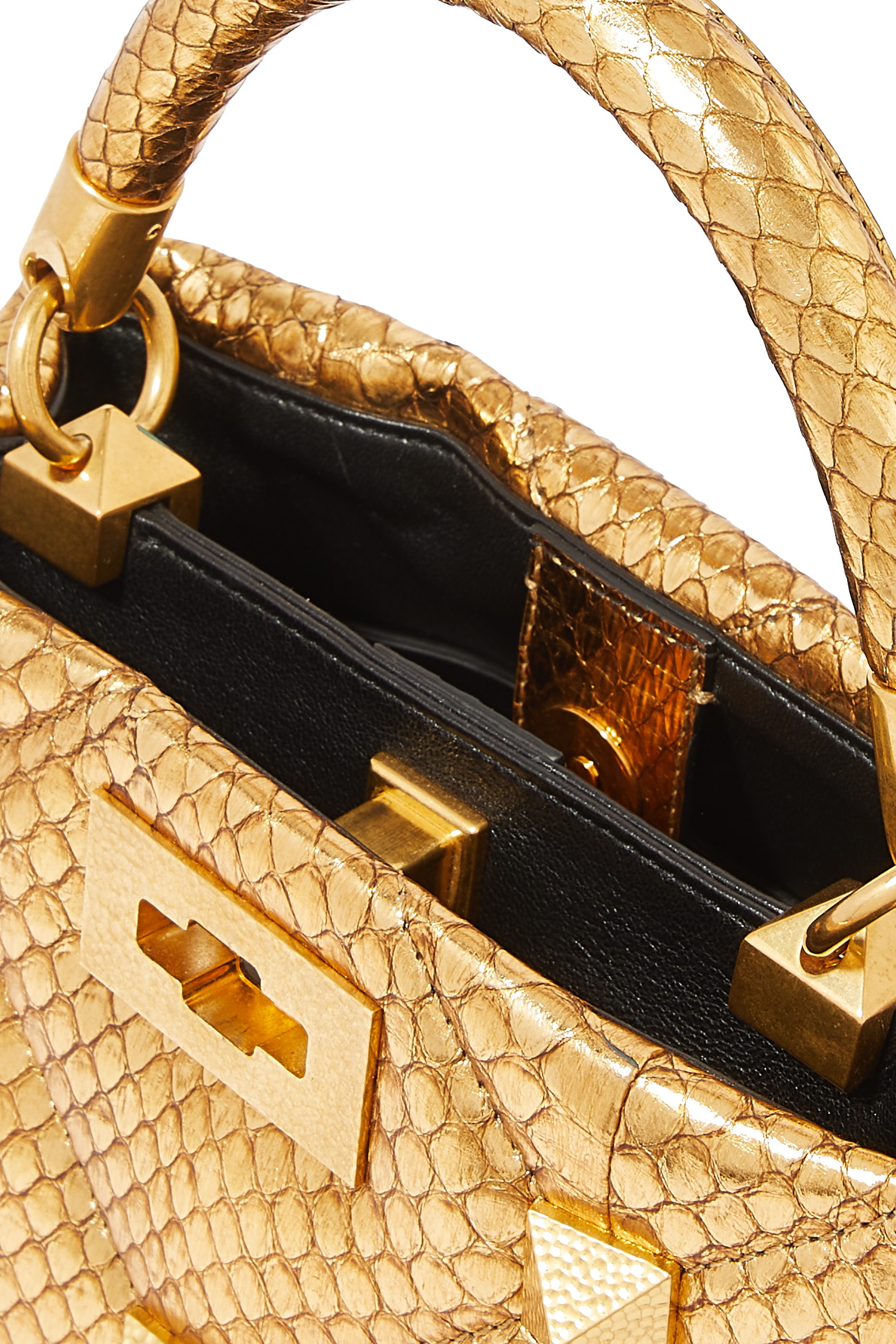 حقيبة فالنتينو غارافاني صغيرة جلد أفعى لامع بيد علوية وحلي هرمية