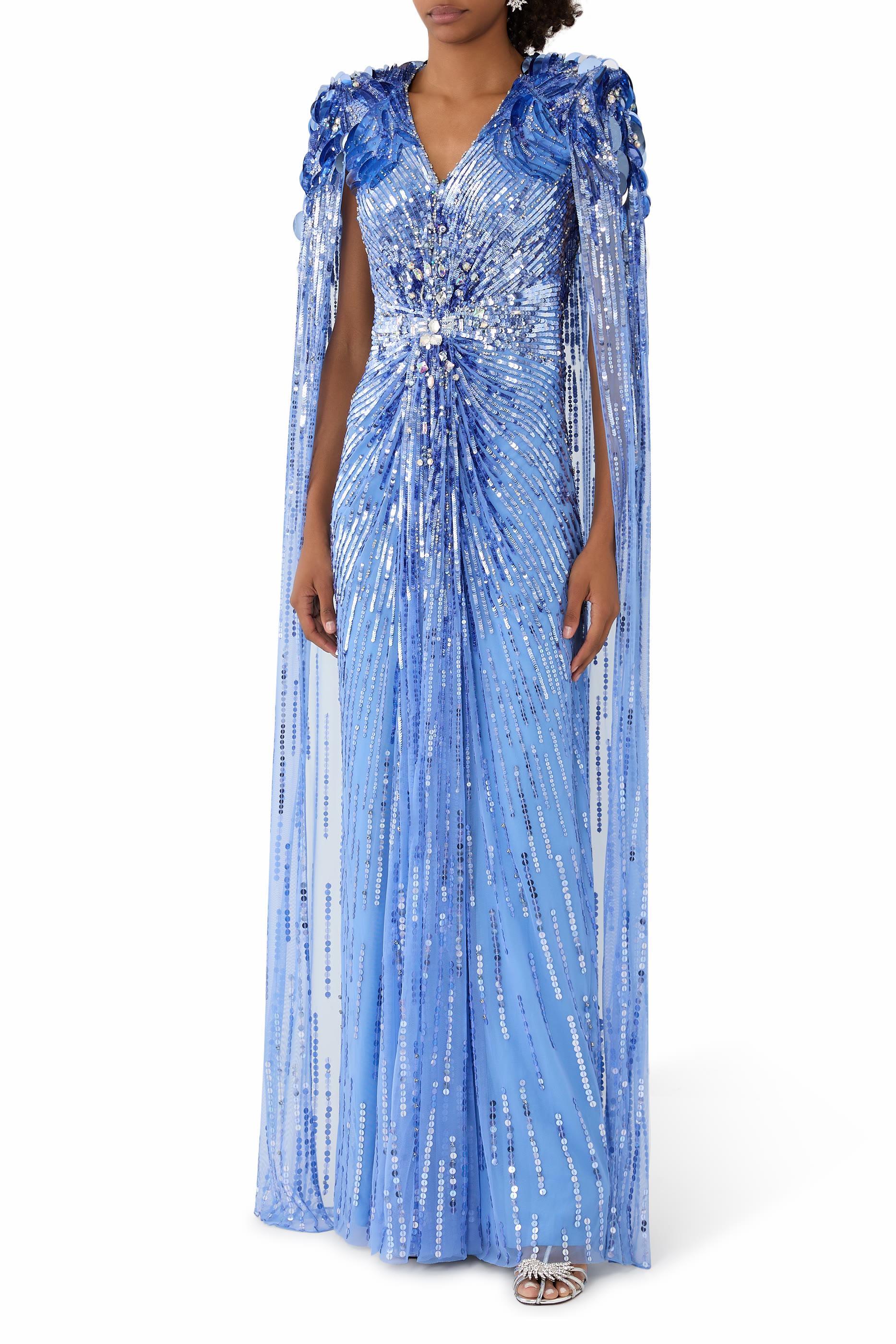 فستان سهرة جولد فنجر بكاب بلونين