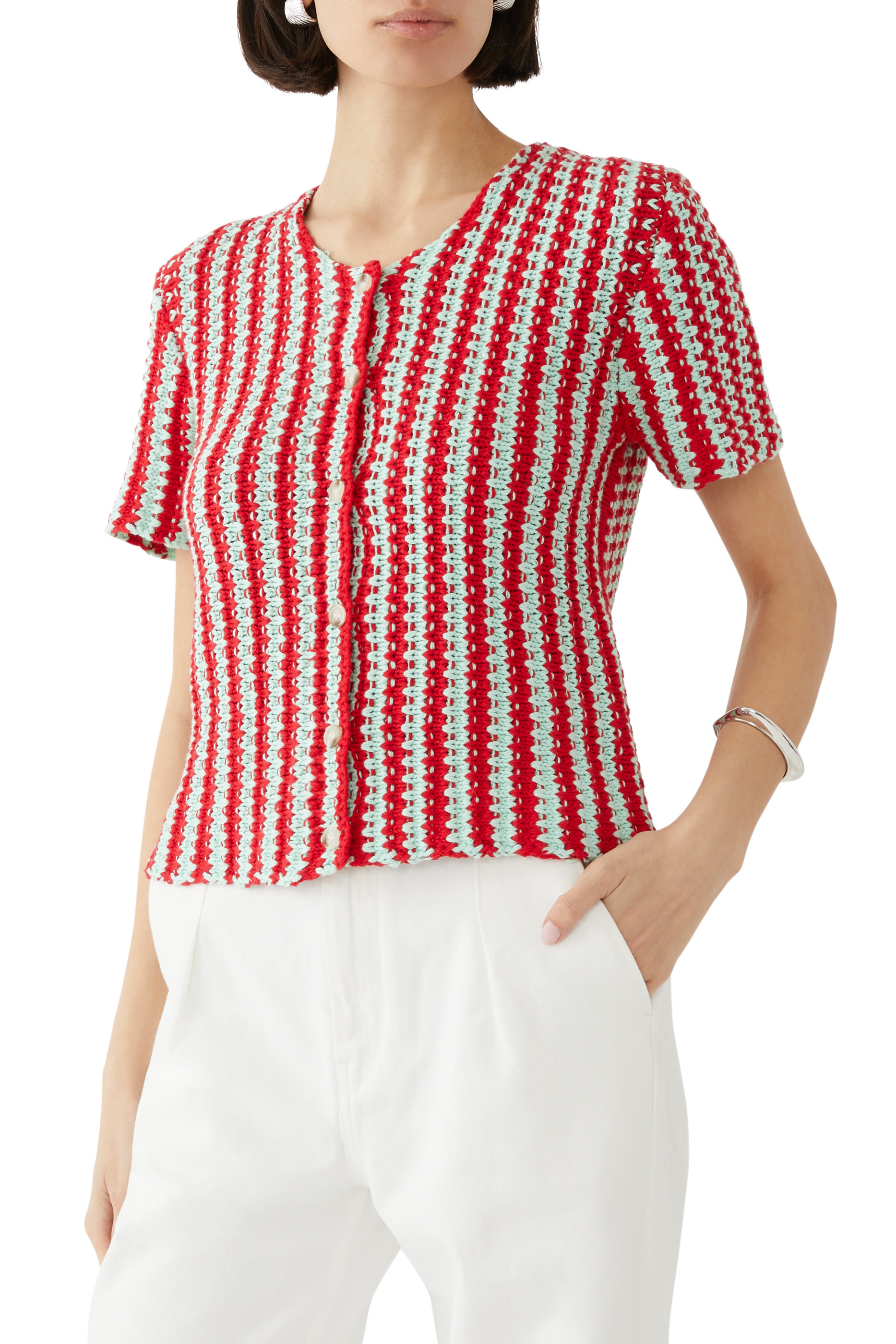 قميص بنقشة خطوط متعرجة كروشيه