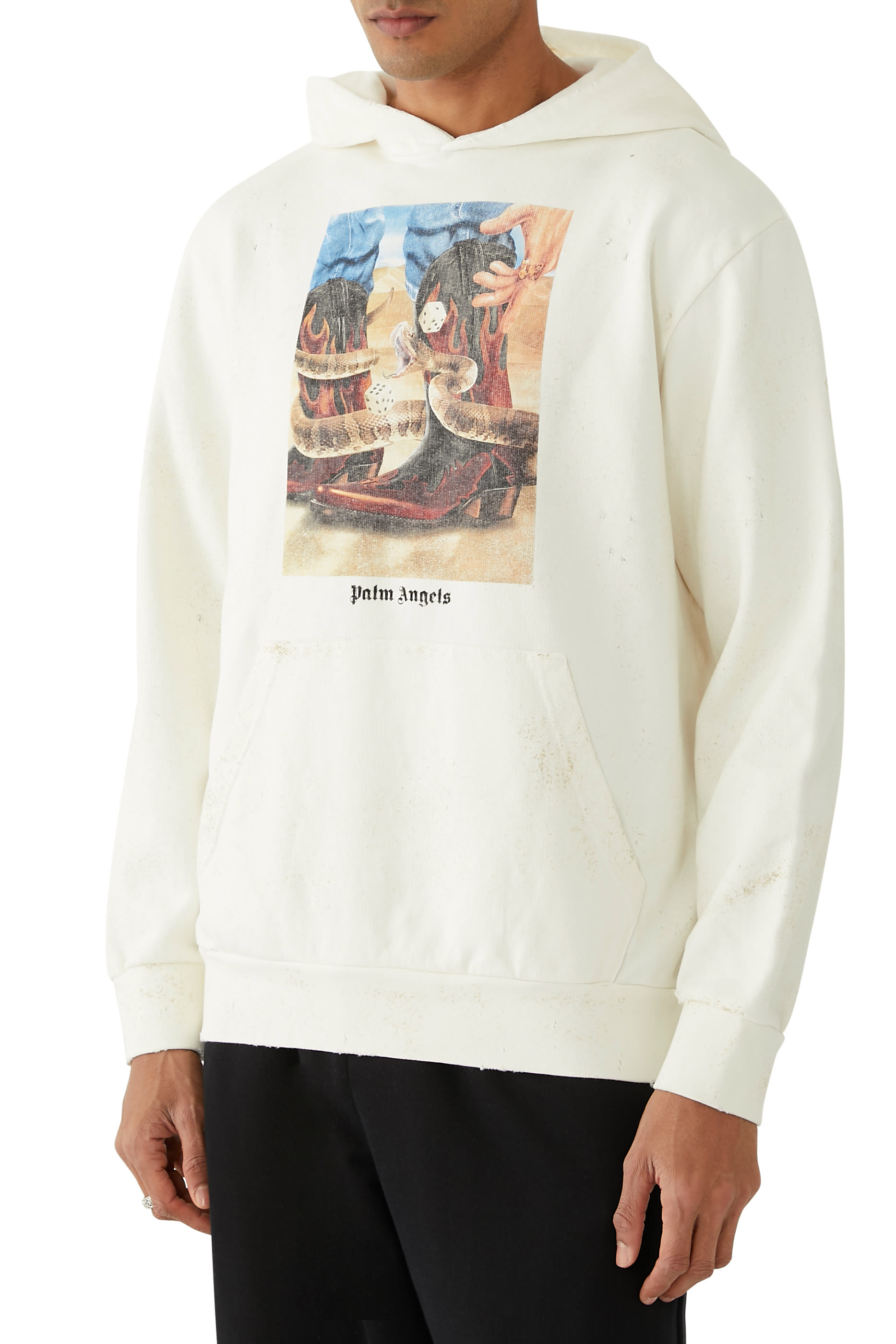 سويت شيرت بغطاء رأس وطبعة نرد وشعار الماركة