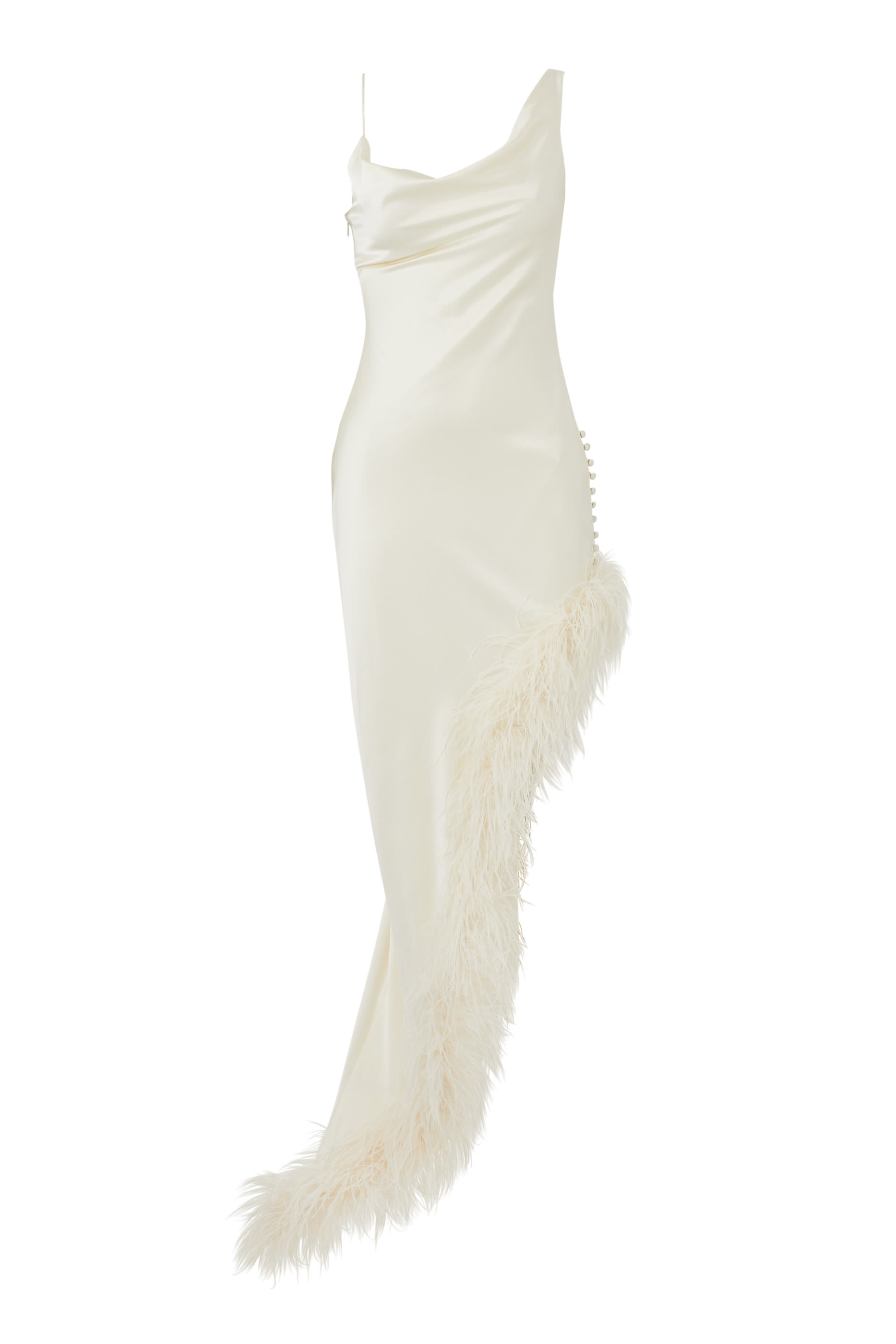 فستان متوسط الطول بحافة مزينة بالريش حرير ستان