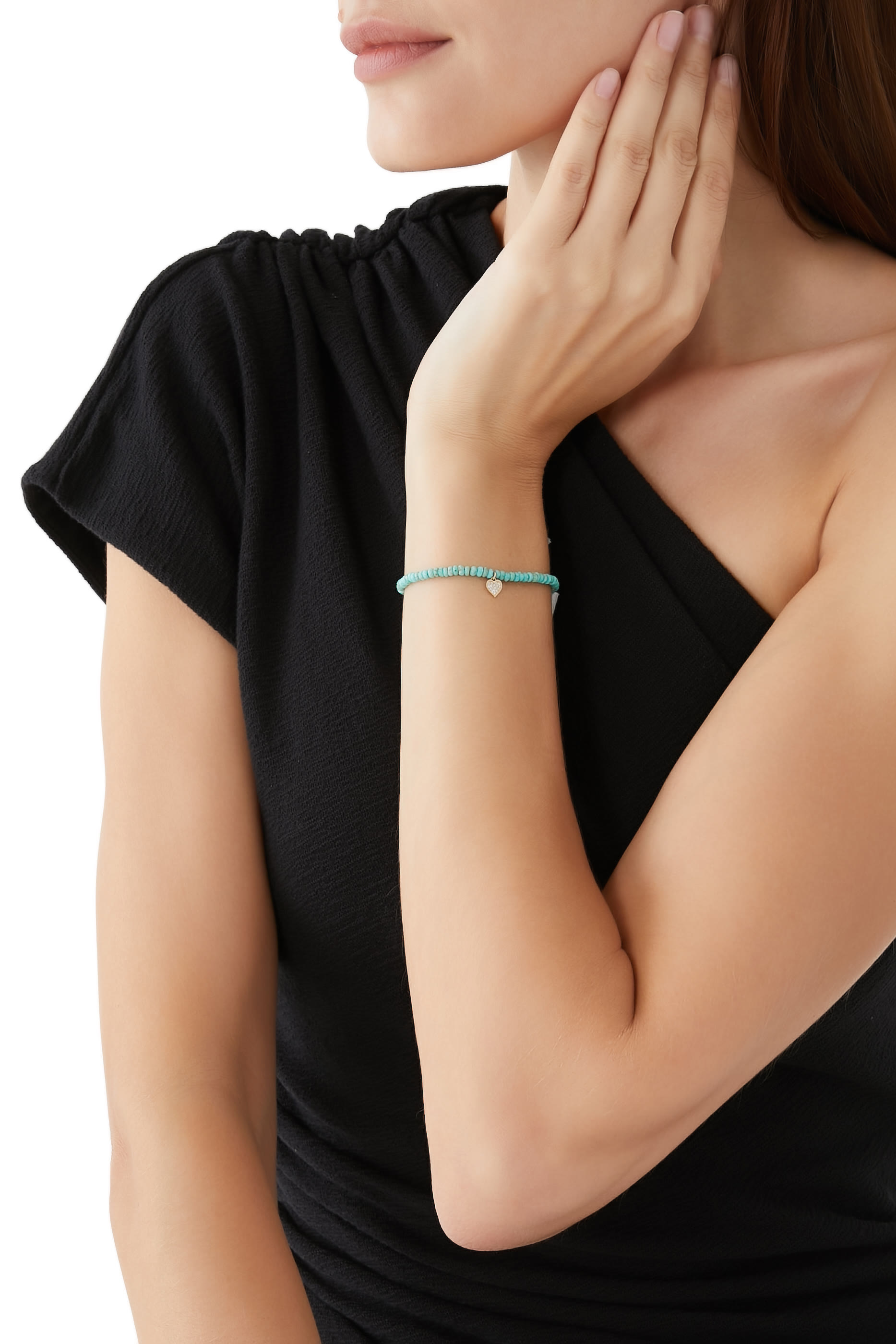 سوار بحلية بتصميم قلب صغير مرصع بخرز فيروز ذهب أصفر عيار 14