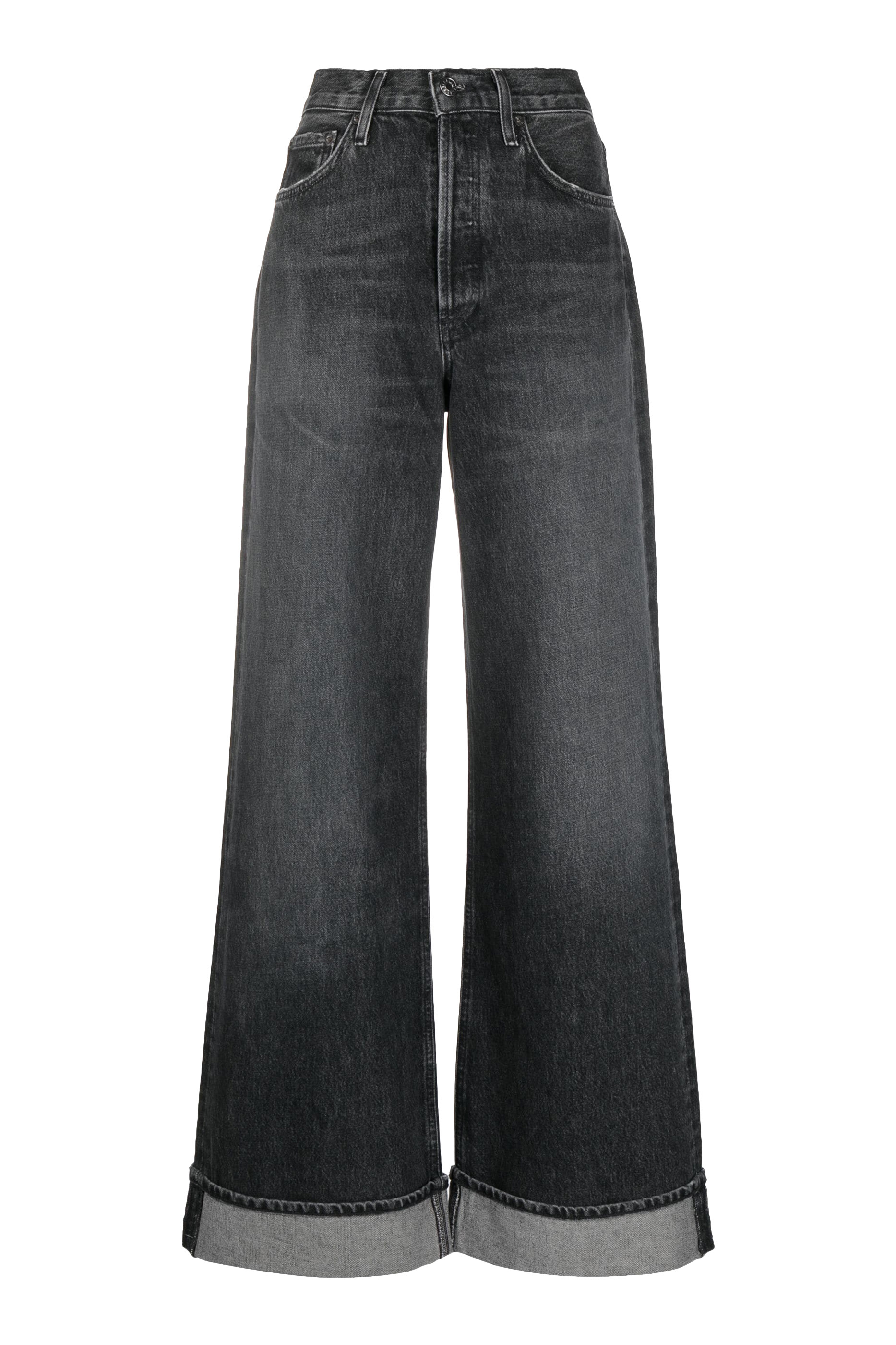 بنطال جينز دنيم بقصة ساق واسعة وخصر مرتفع