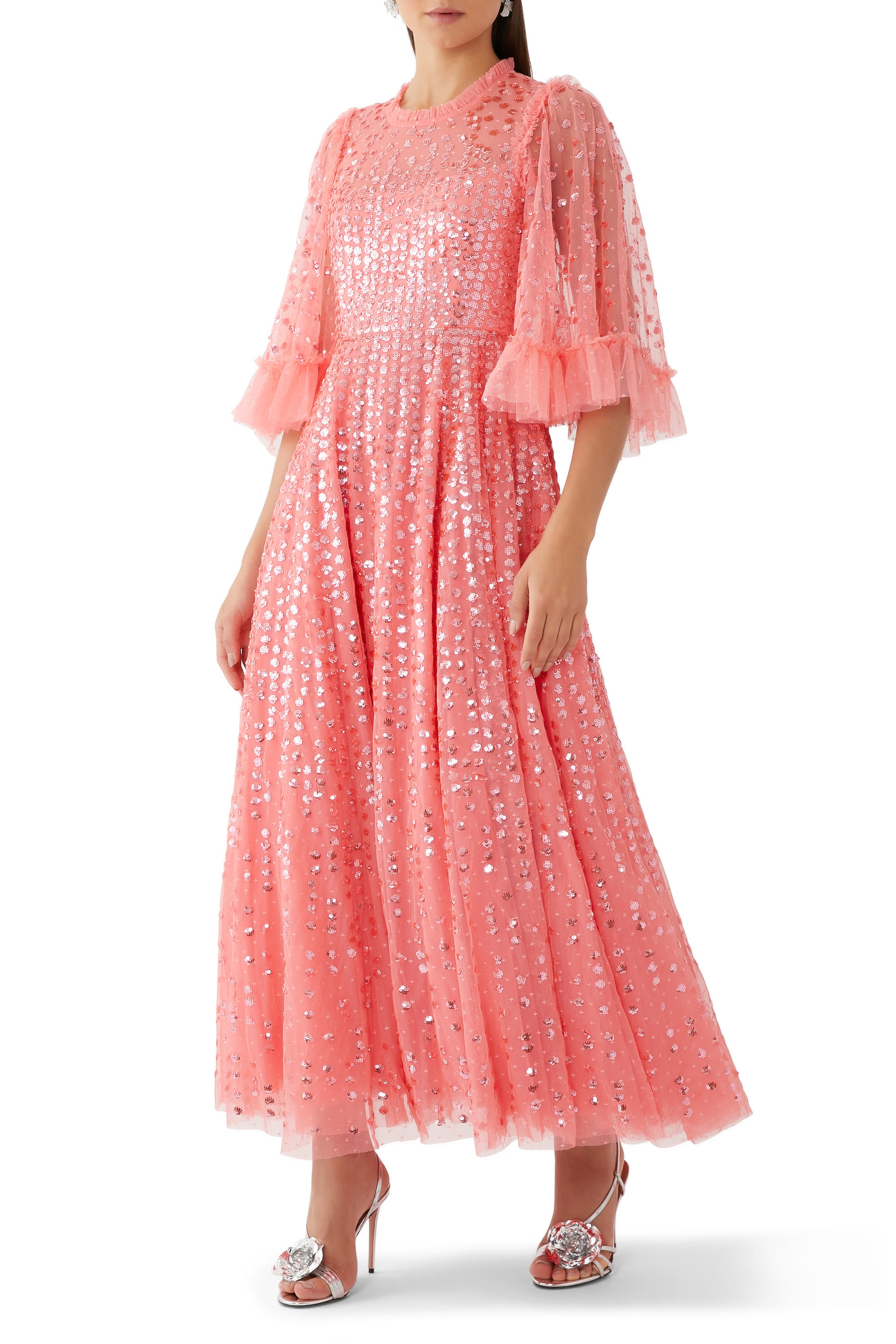 فستان سهرة رين دروب بطول الكاحل بأكمام قصيرة