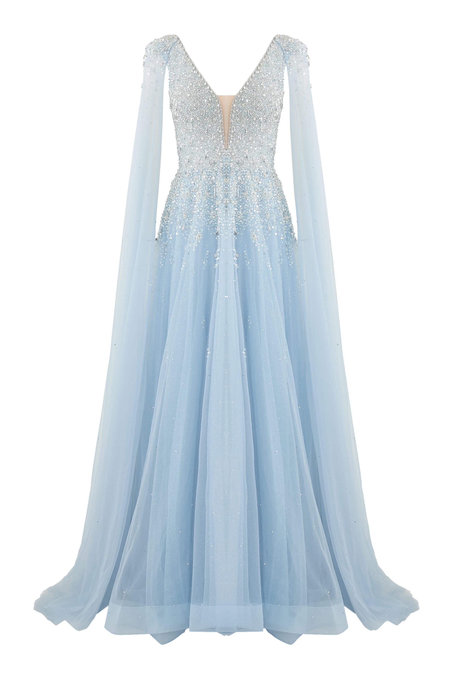 فستان سهرة بكاب وتطريزات بالترتر