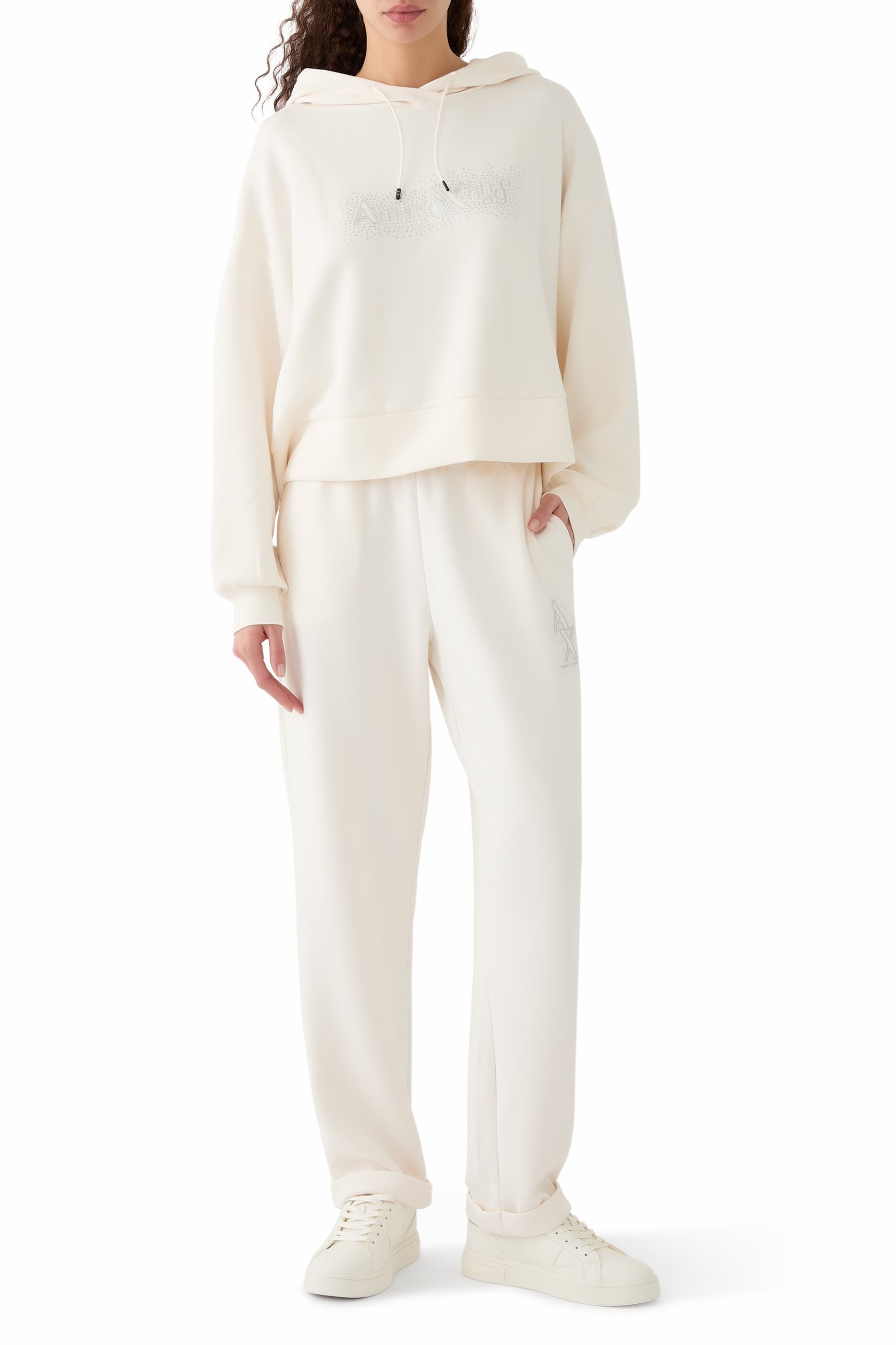 بنطال بشعار الماركة المرصع بأحجار الراين قماش متشابك