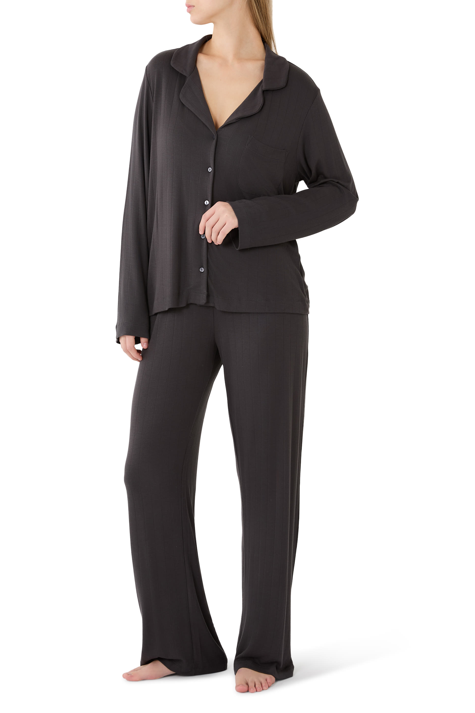 طقم بيجامة كلاسيك جيرسيه بنسيج مضلع ناعم