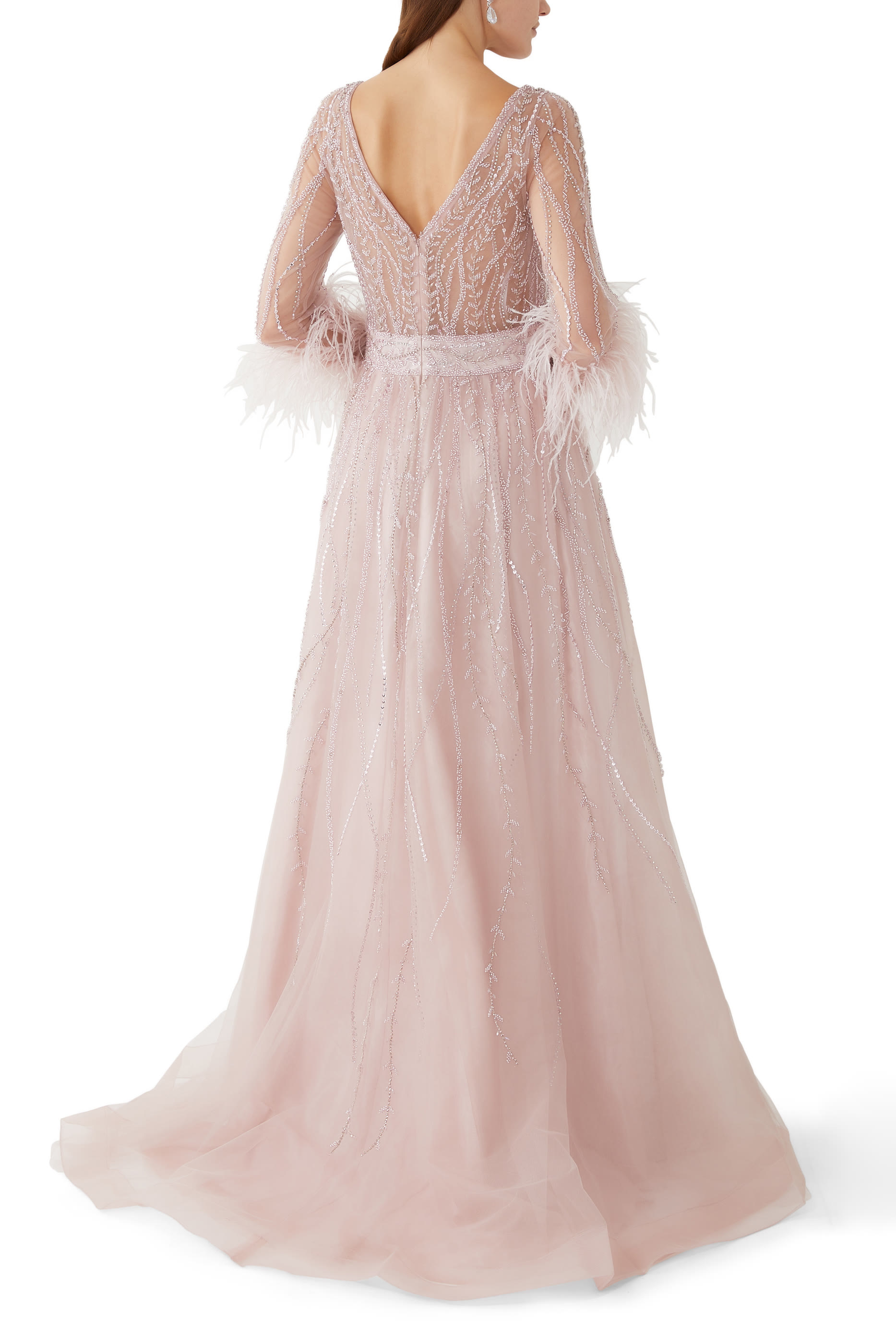 فستان طويل بأكمام طويلة مطرز موف