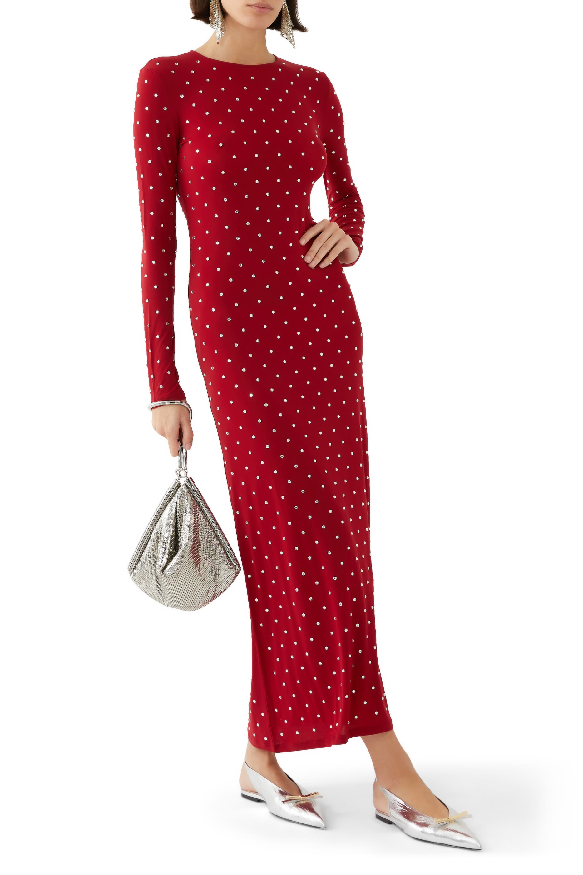 فستان طويل جيرسيه مرصع بكريستال