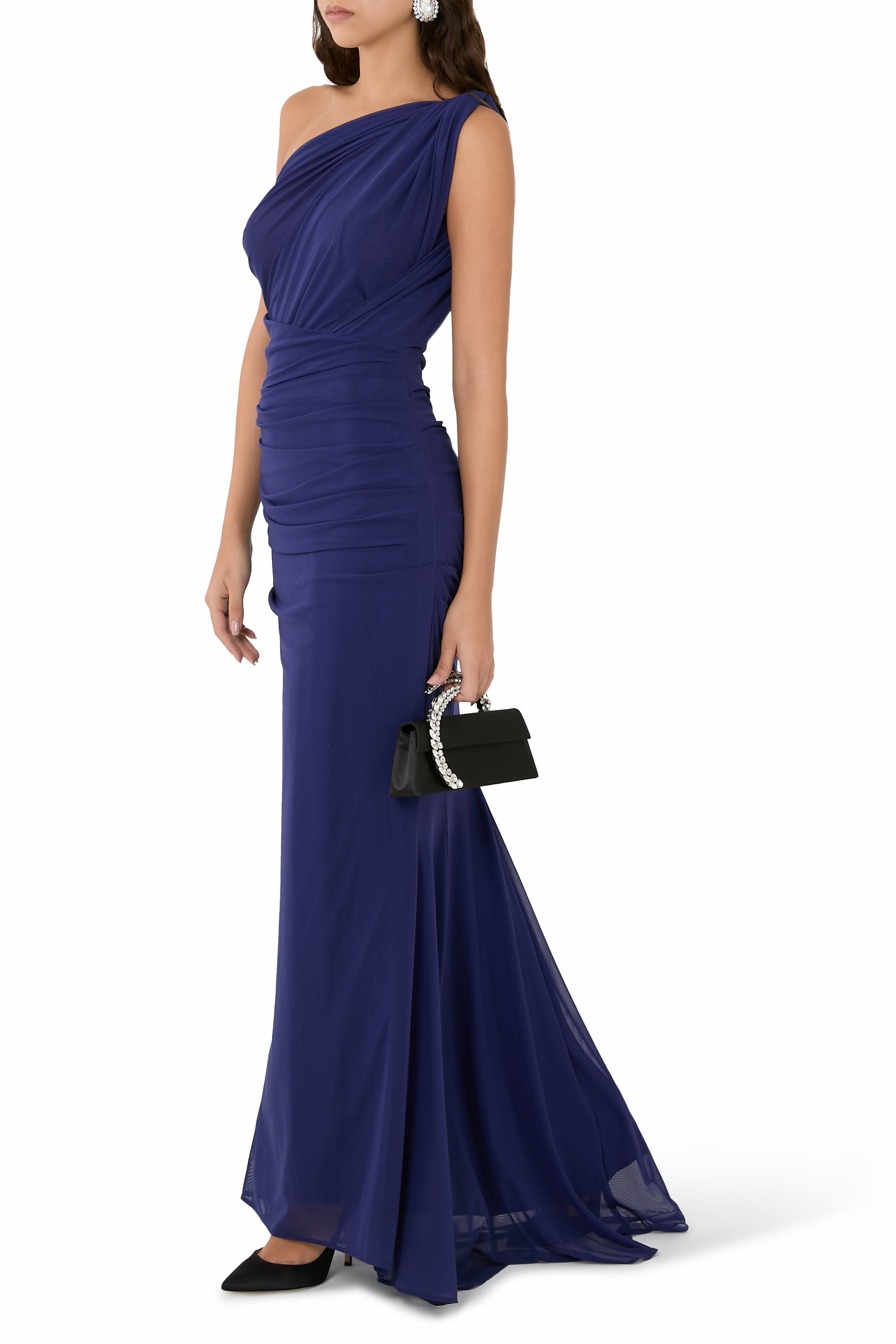 فستان طويل بكتف واحد وكشكش قماش شبكي مطاطي