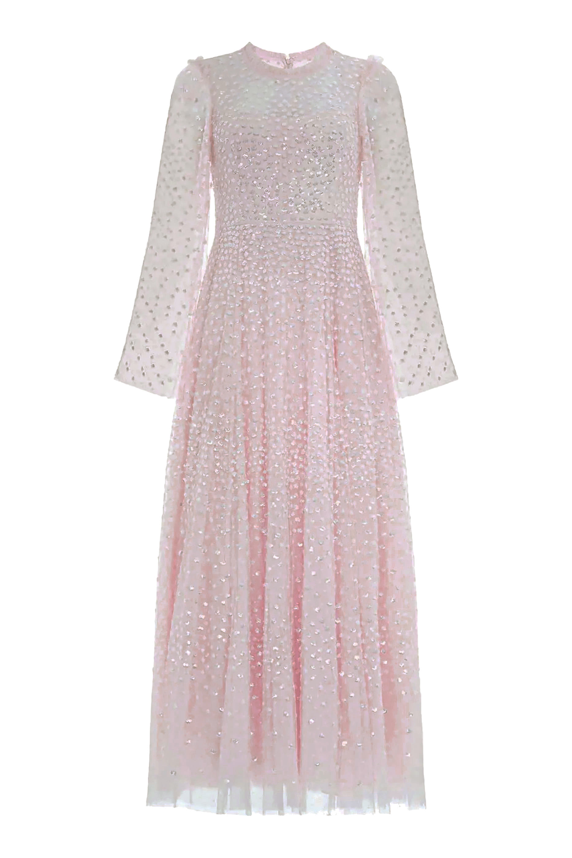 فستان بطول الكاحل وياقة مستديرة وتطريزات نقاط متناثرة