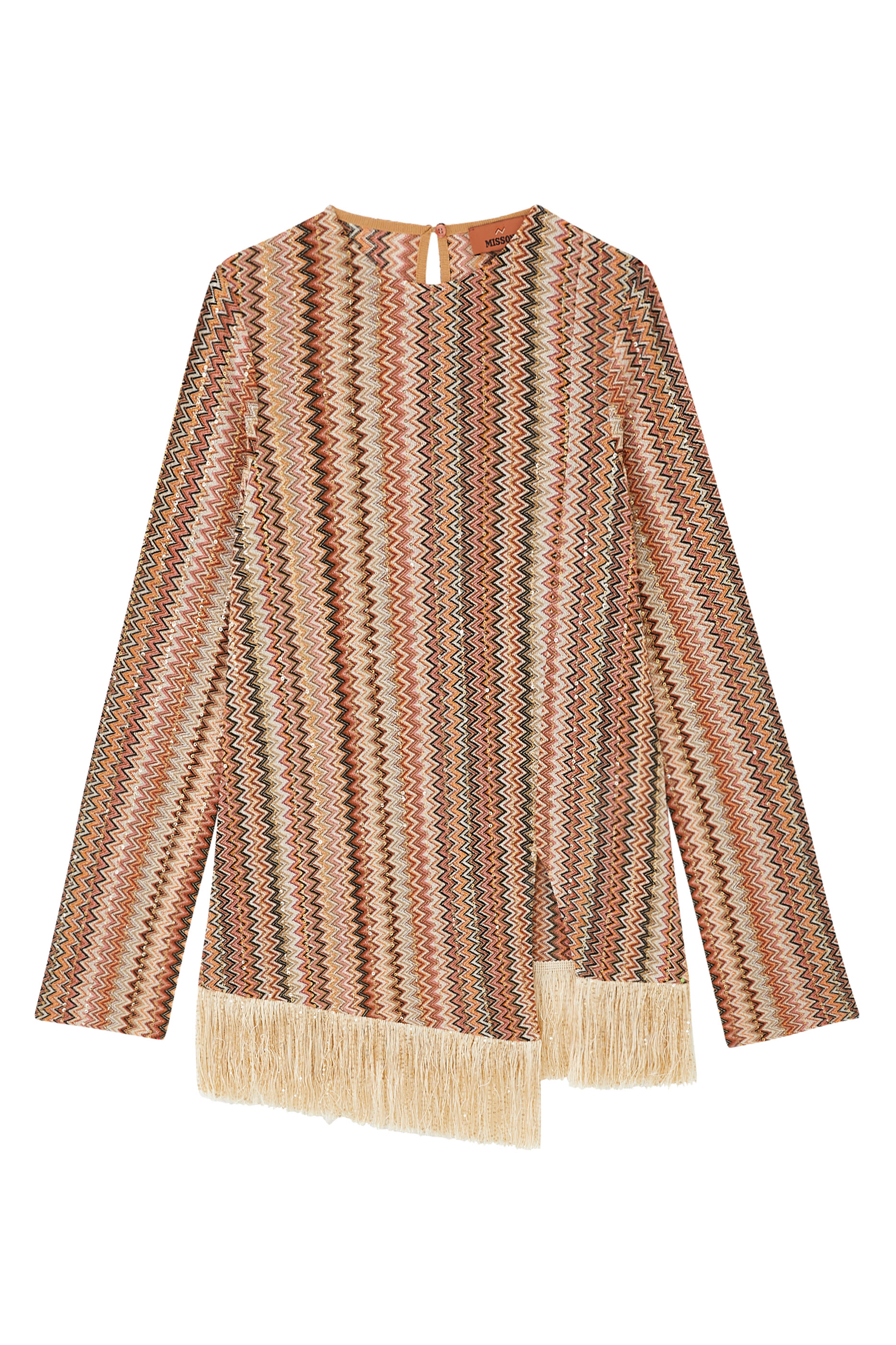 بلوزة بتصميم حصري غير متماثل بنقشة خطوط متعرجة مزينة بترتر وشراشيب راشيل