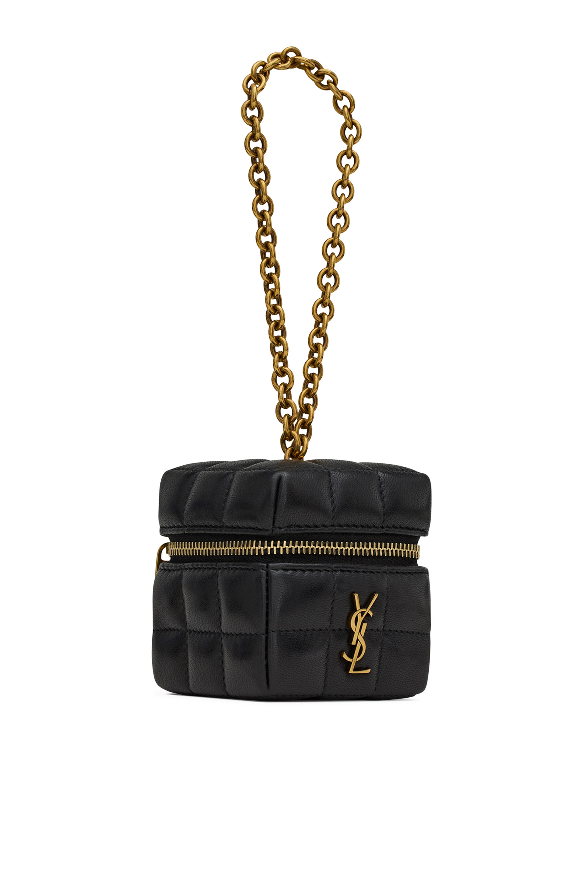 حقيبة صغيرة بتصميم مكعب بحياكة مبطنة وشعار الماركة وسلسلة جلد مبطن