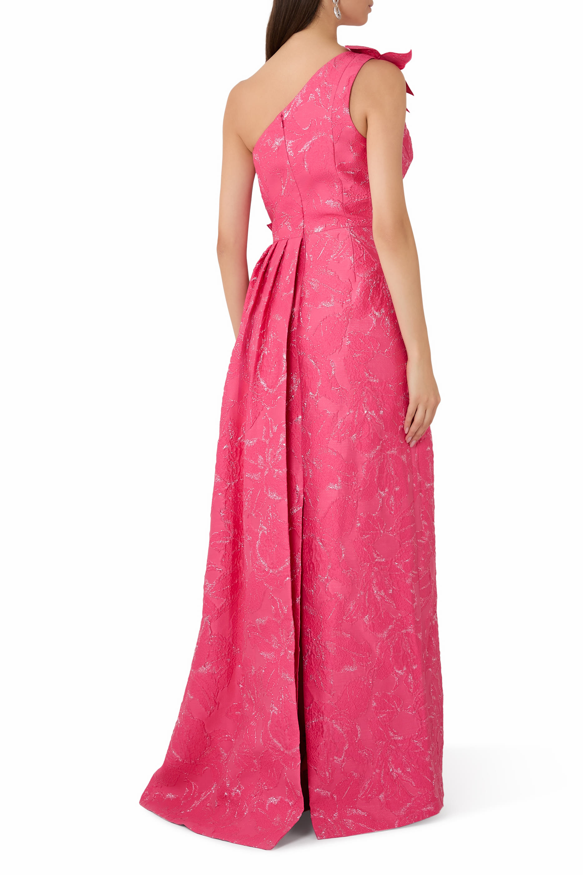 One Shoulder 3D Flower Side Drape Gown