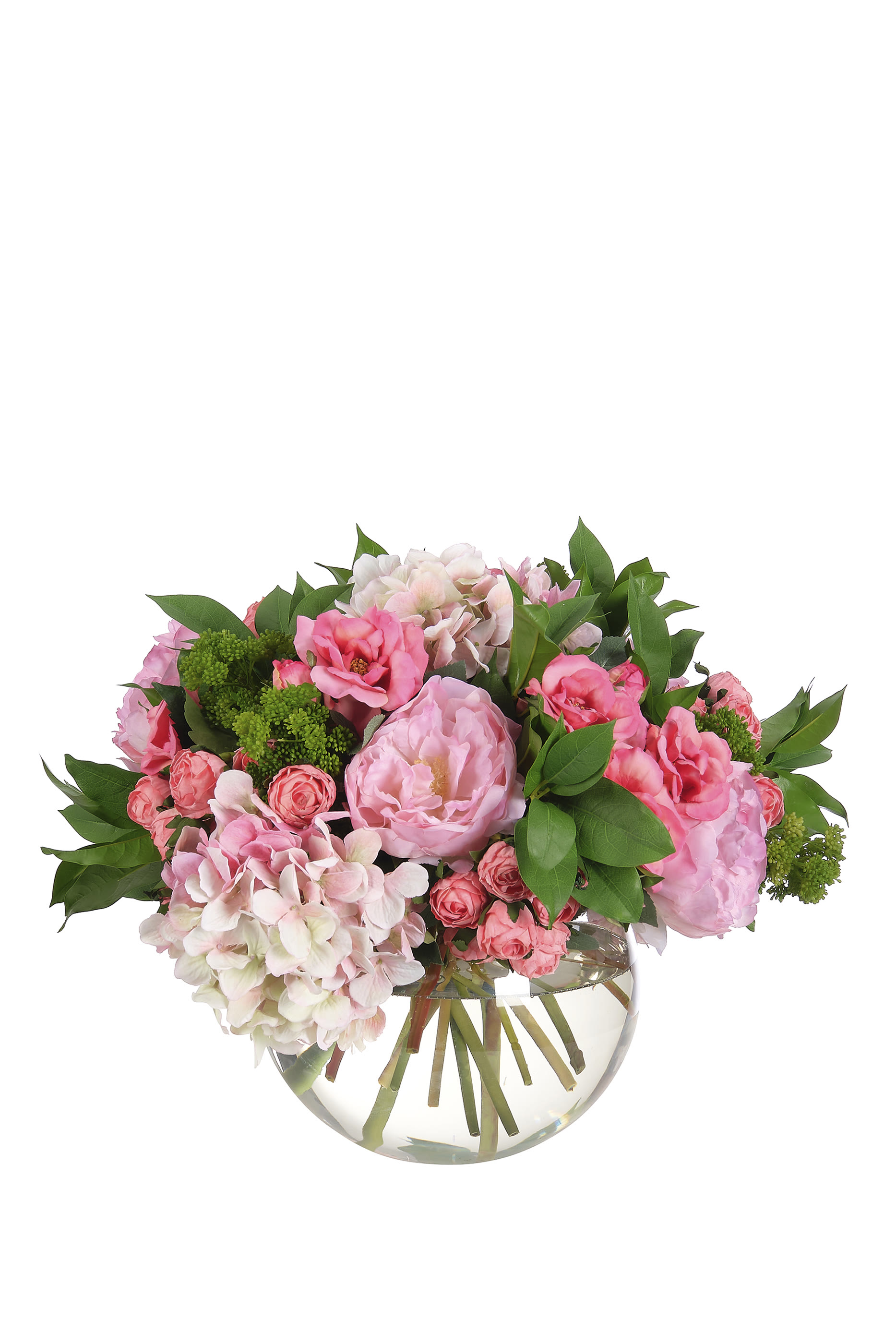 باقة زهور الفاوانيا في مزهرية زجاجية كروية