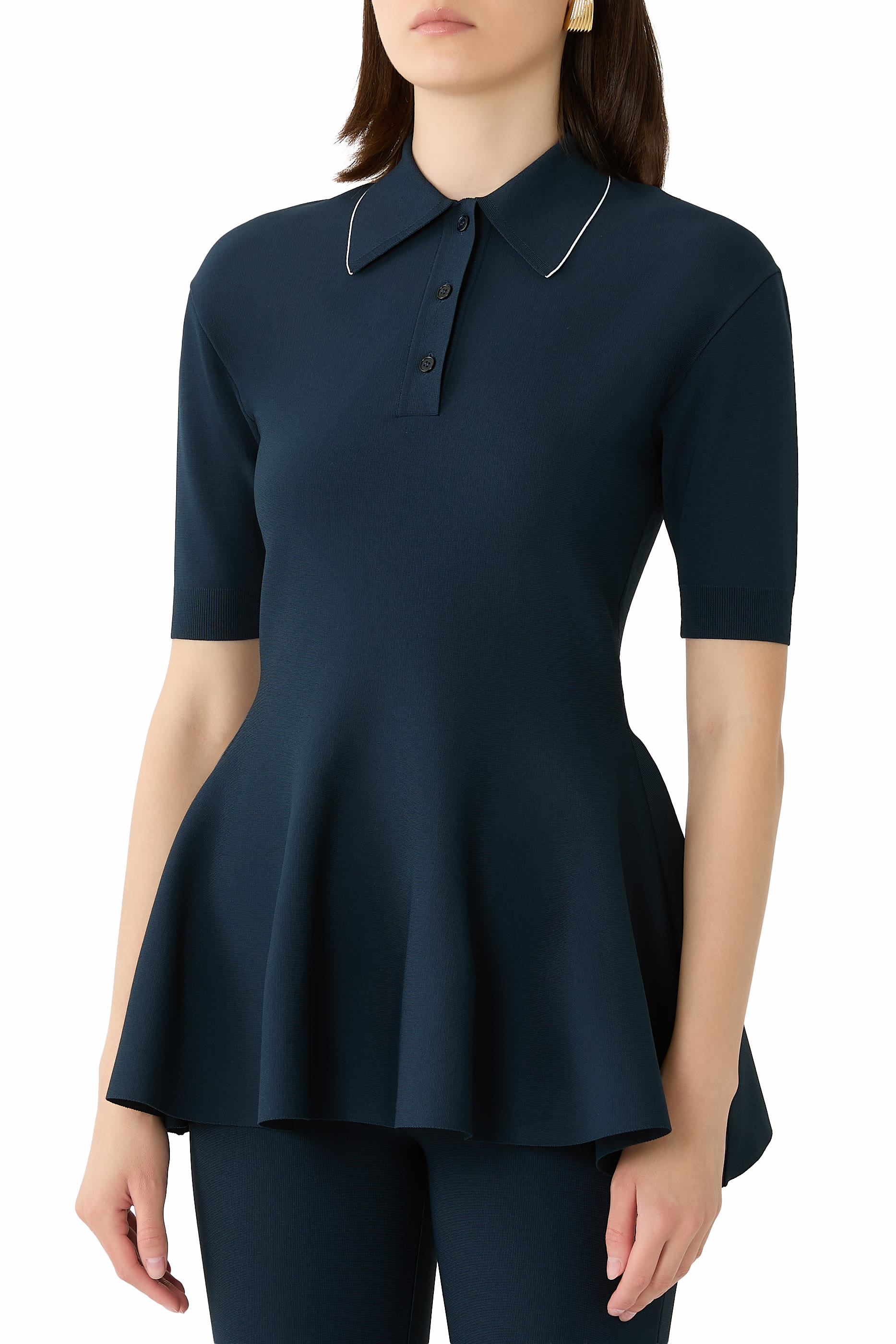 Compact Knit Peplum Polo Top