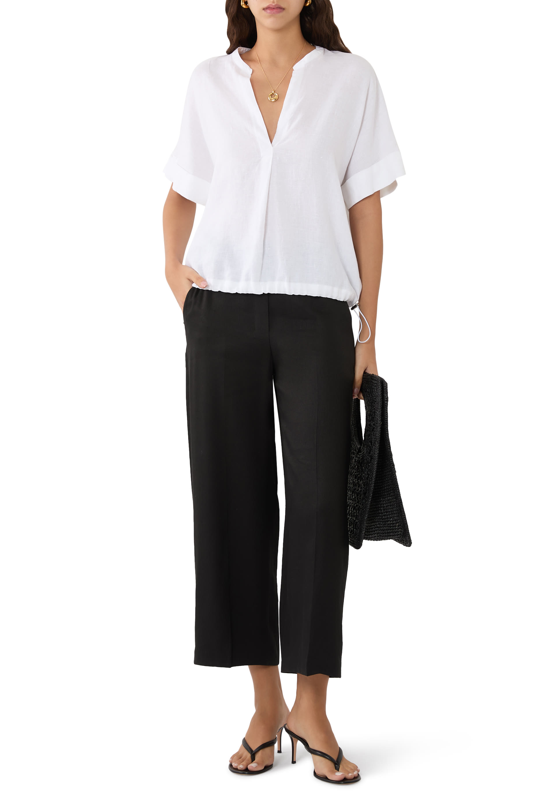 بلوزة بحافة برباط تضييق كتان